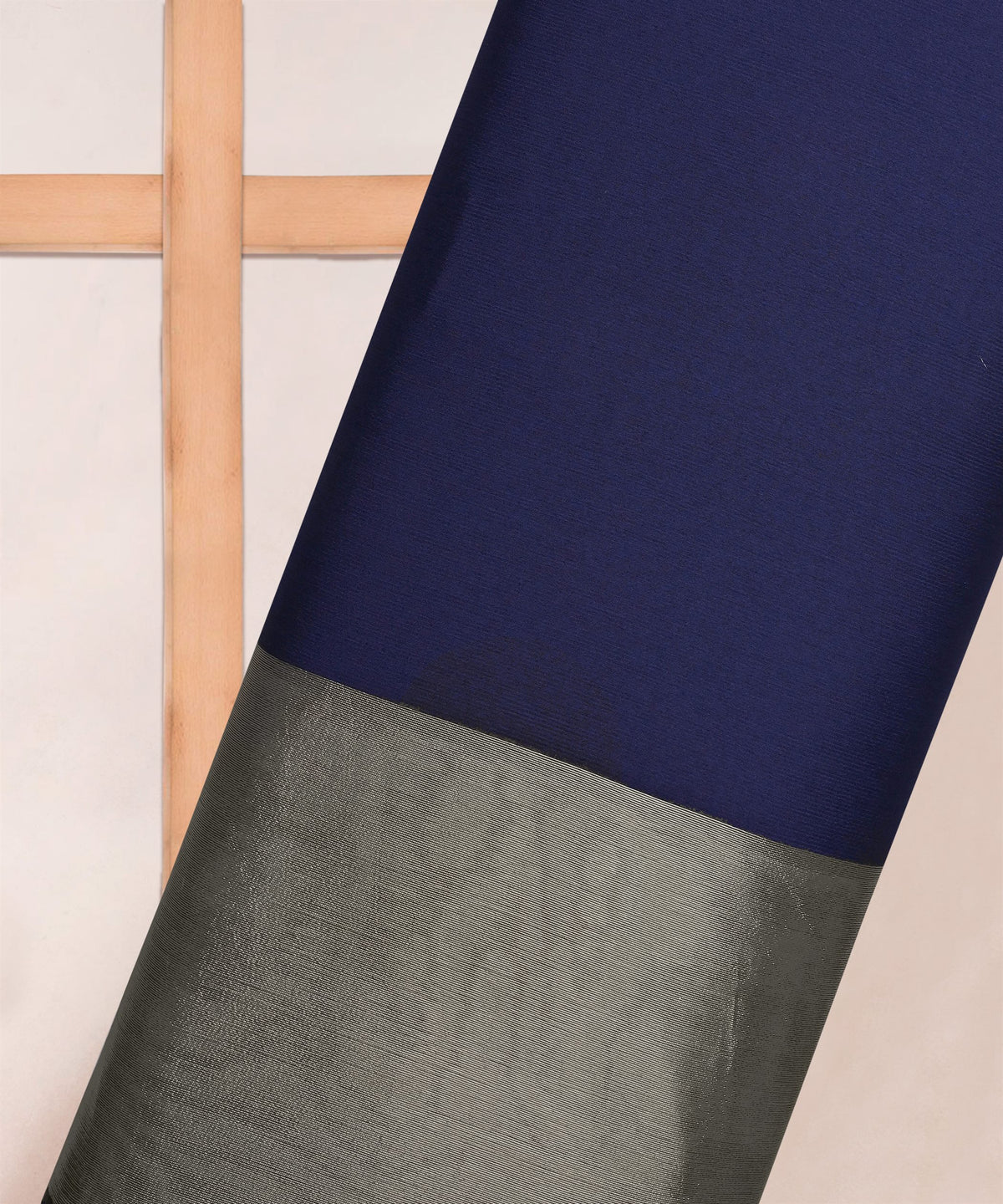 Navy Blue Georgette Fabric with Silver Border