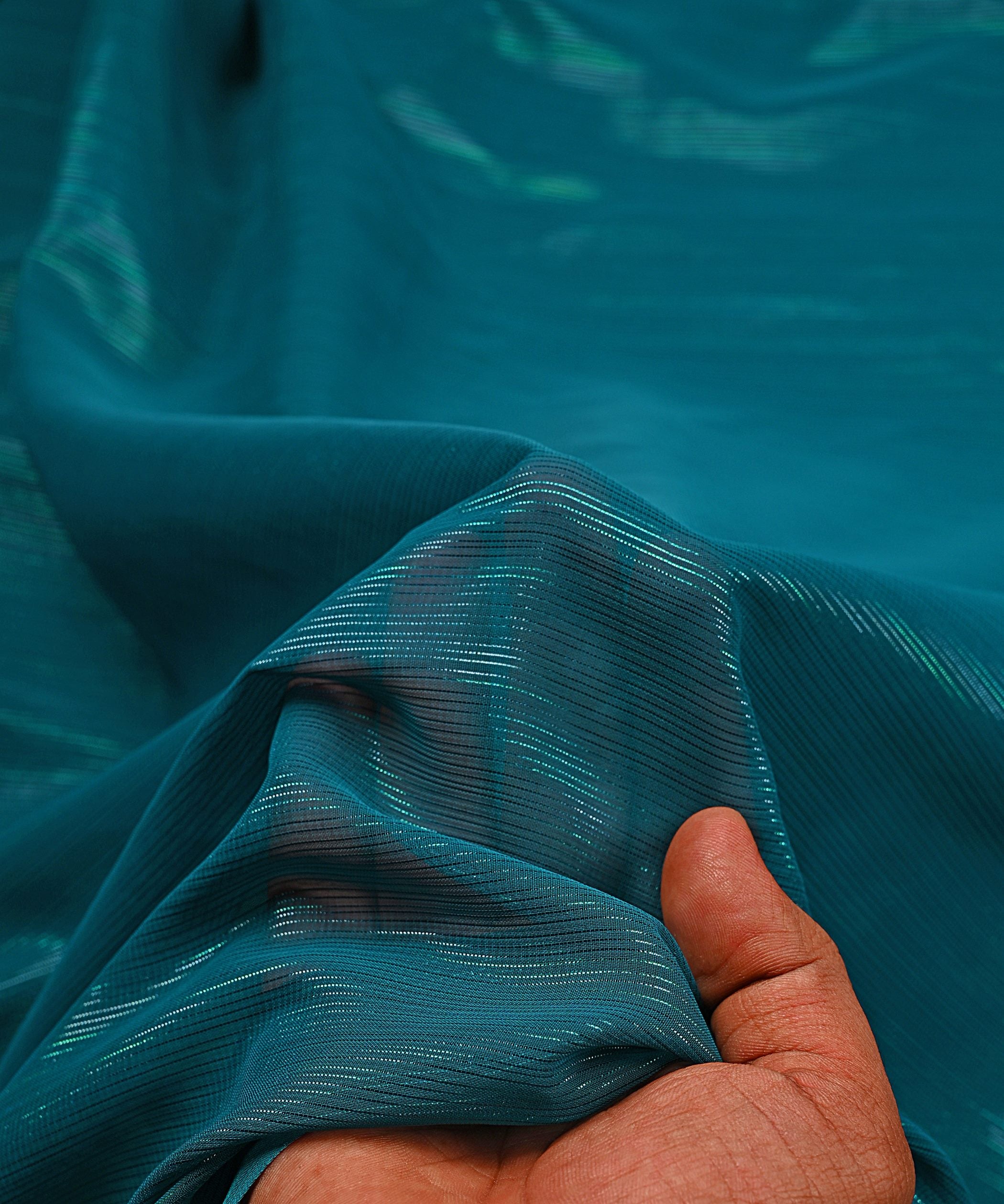 Dark Teal Georgette Fabric with Stripes