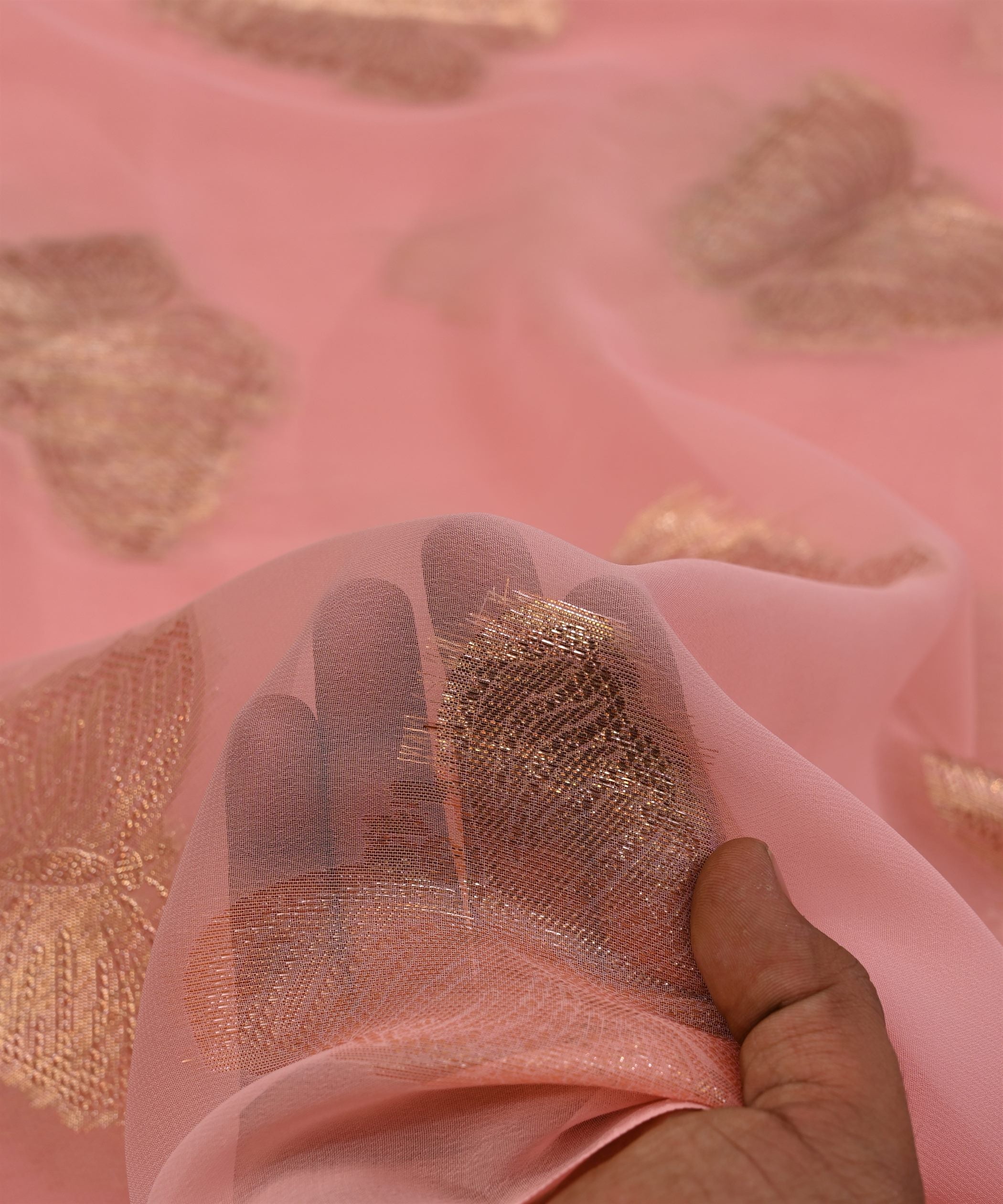 Baby Pink Georgette Fabric with Zari Butti