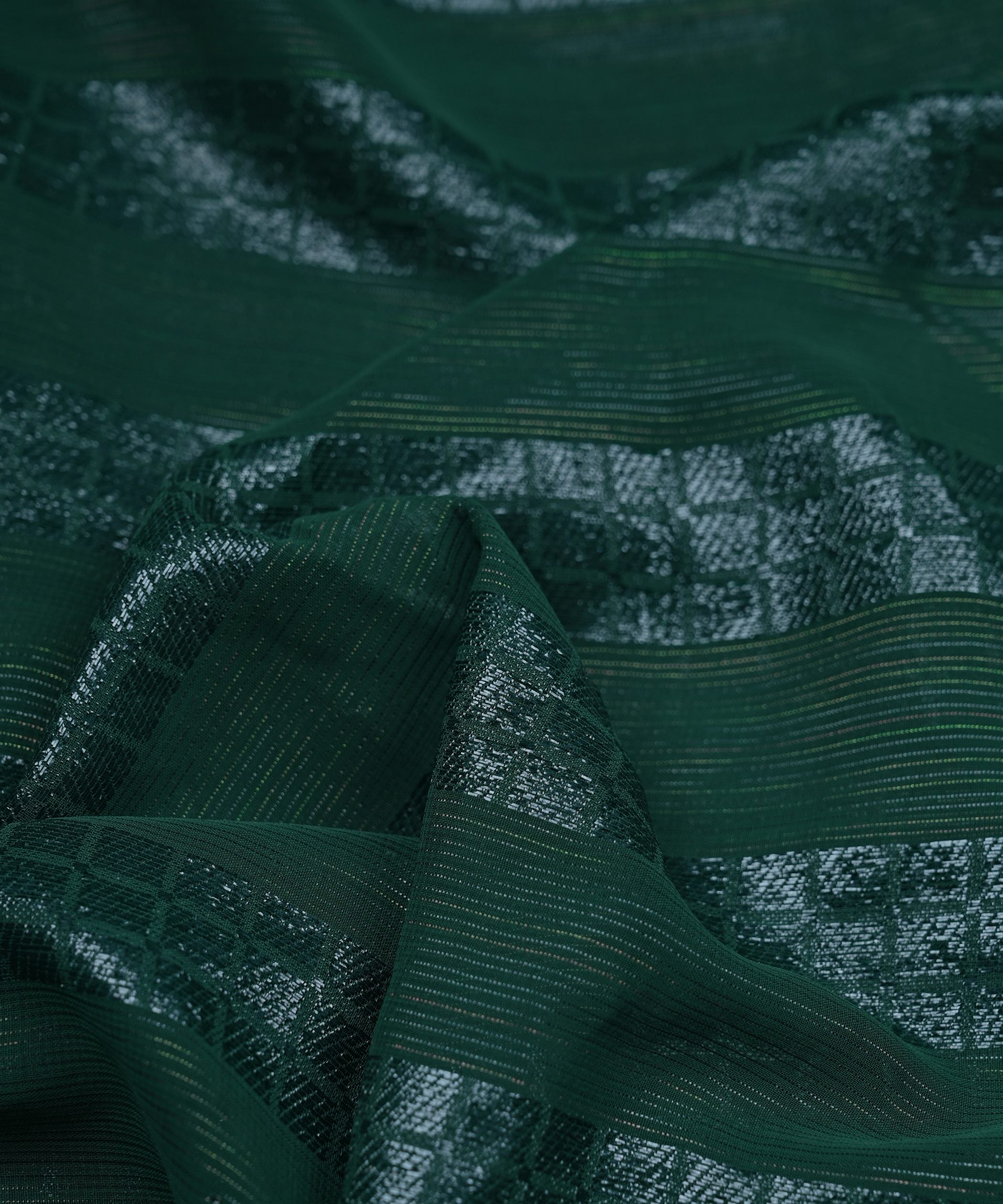 Dark Green Georgette Fabric with Zari Checks Lining