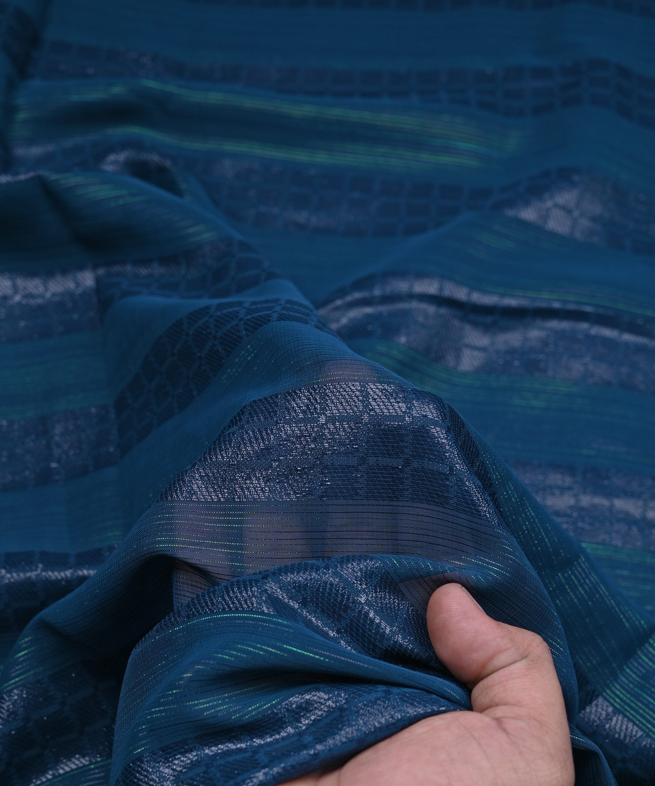 Teal Georgette Fabric with Zari Checks Lining