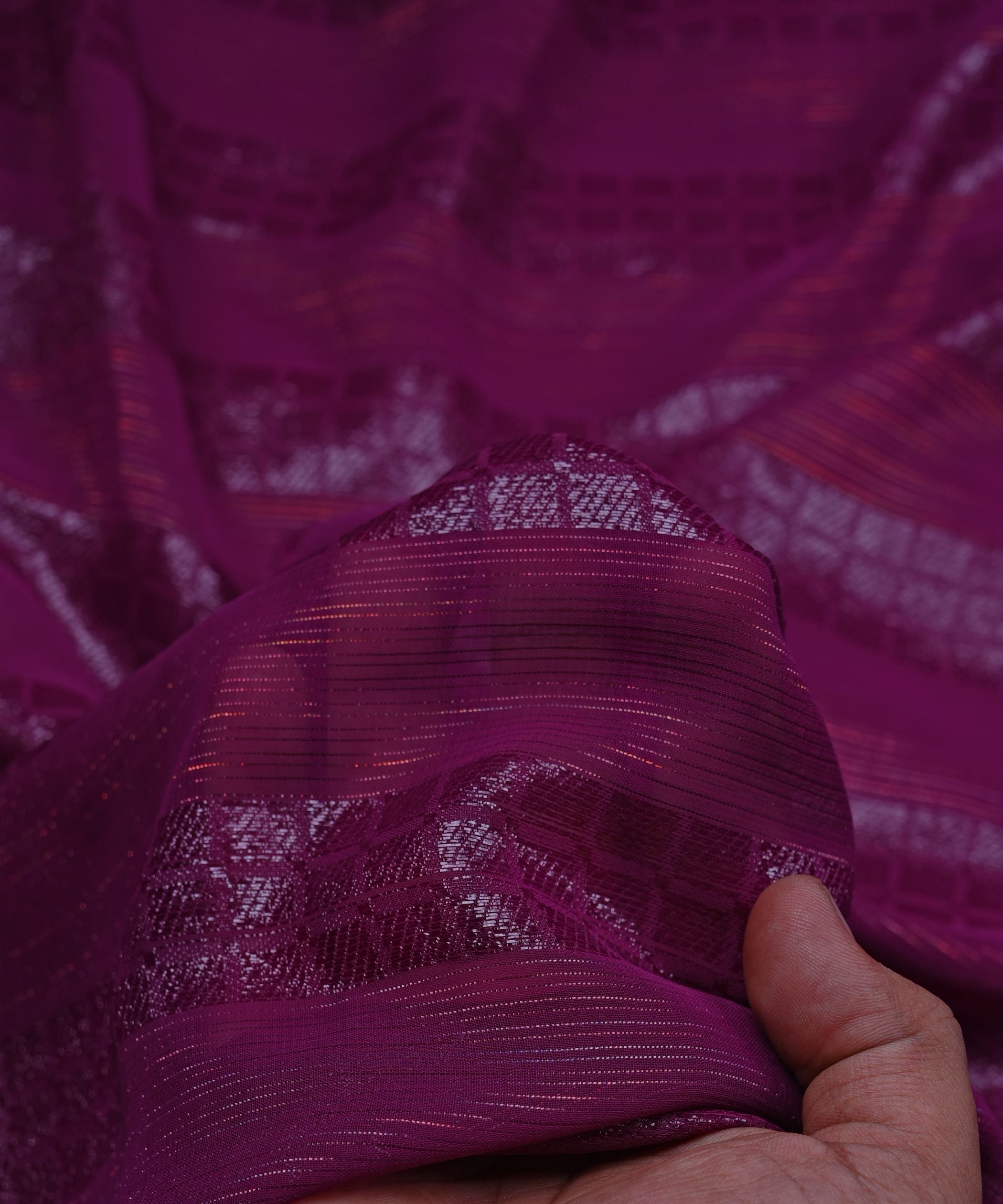 Wine Georgette Fabric with Zari Checks Lining