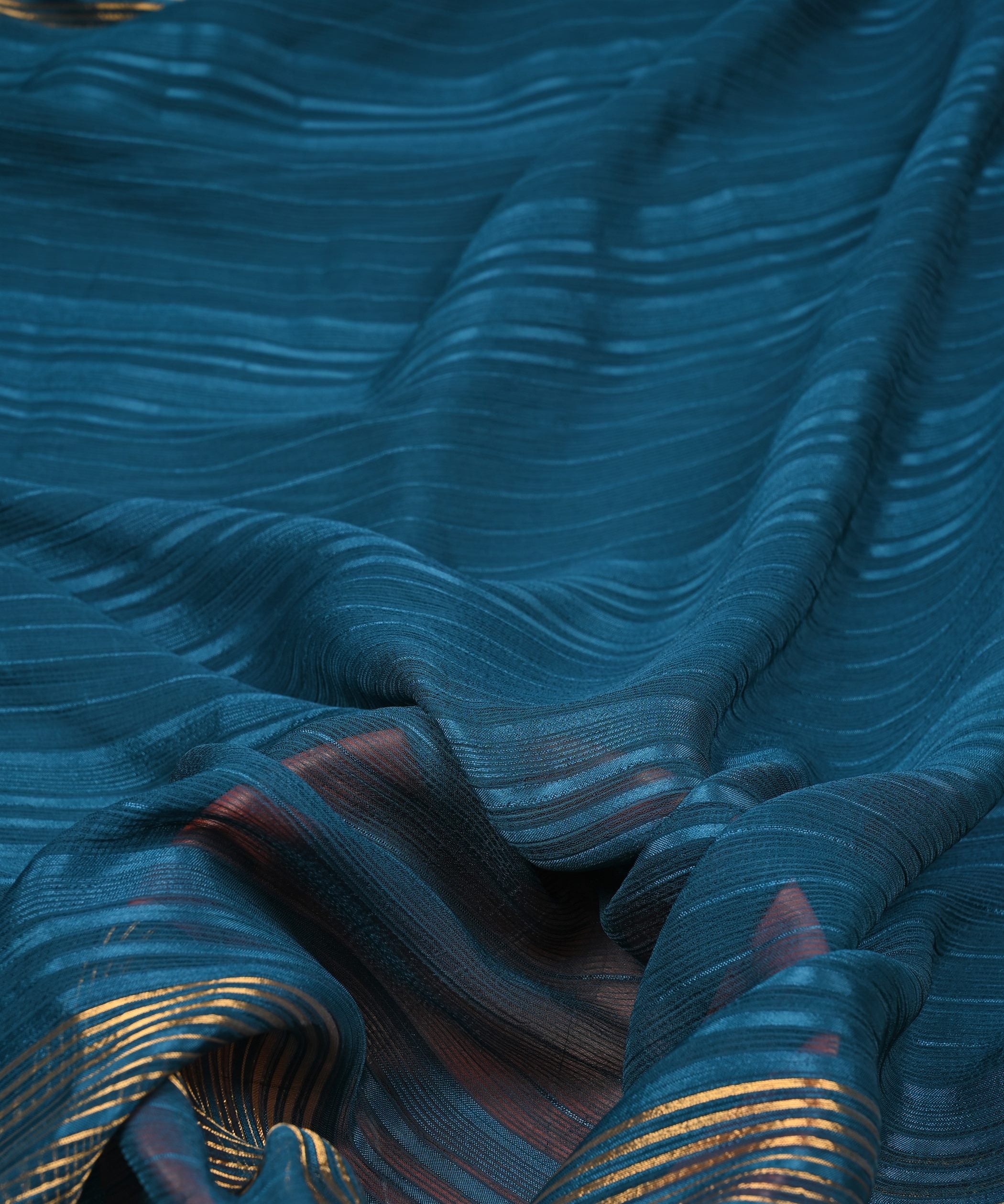 Teal Georgette Fabric with Zari Patta