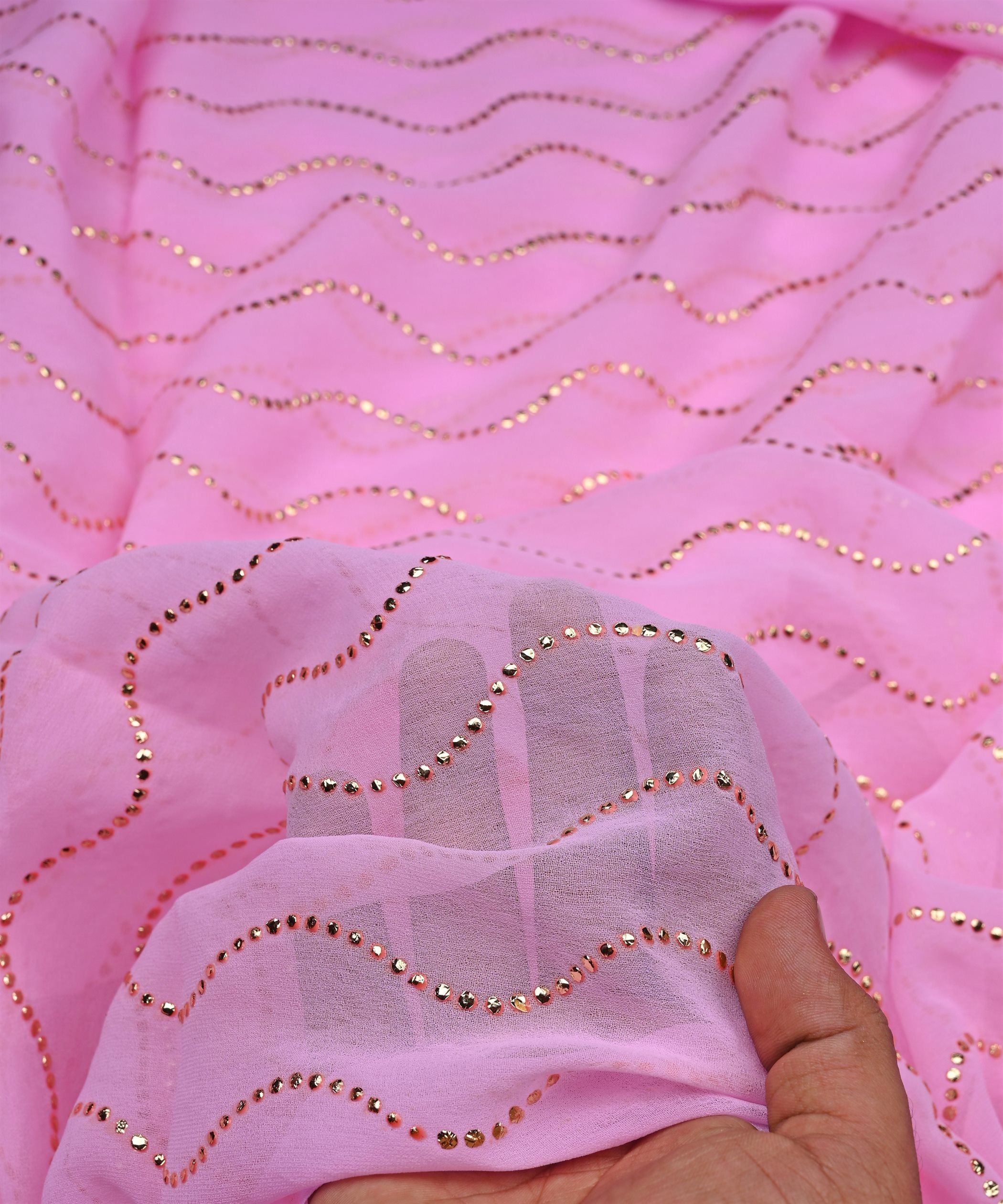 Baby Pink Georgette Fabric with Mukaish Work