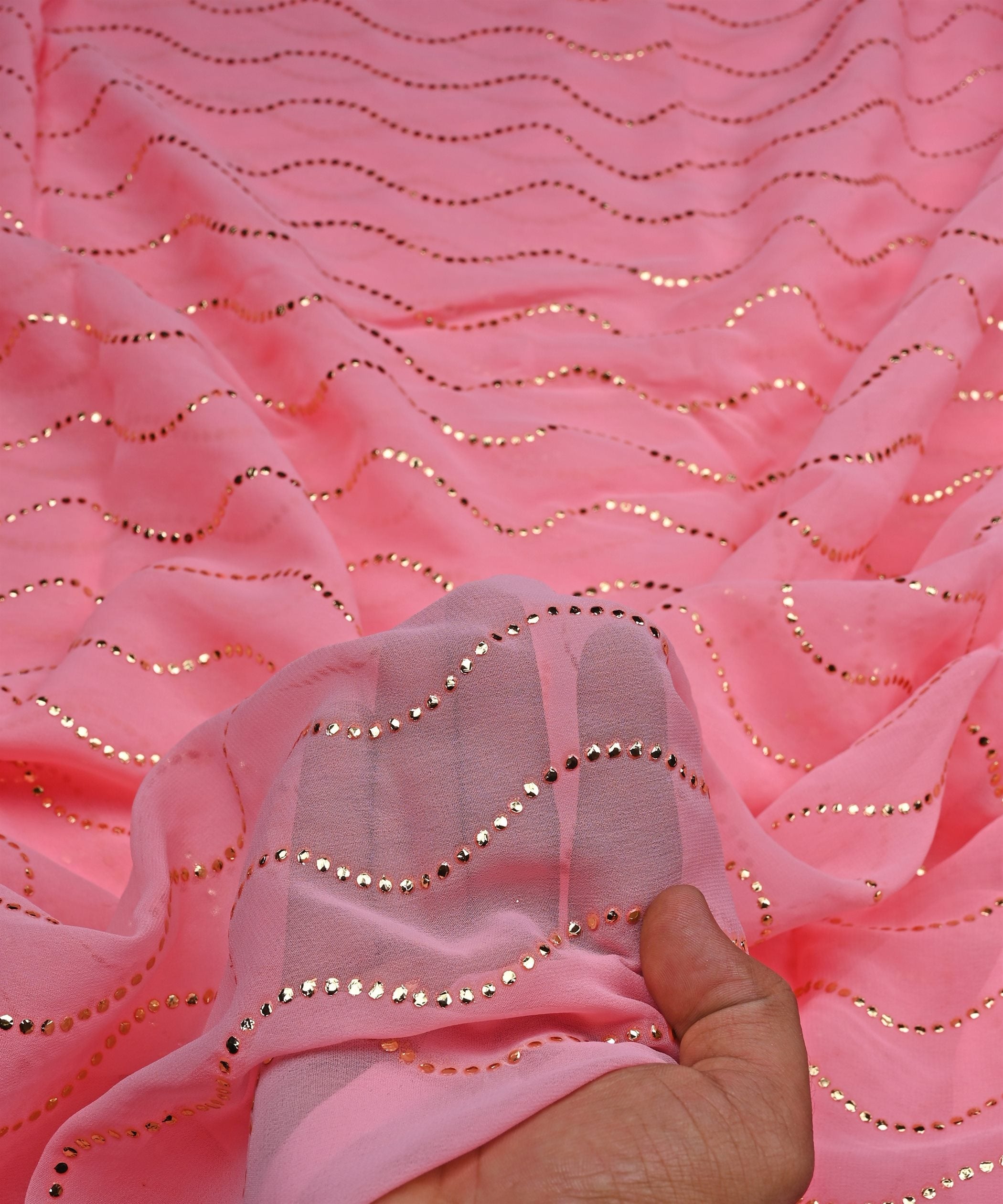 Light Coral Georgette Fabric with Mukaish Work-5mtr