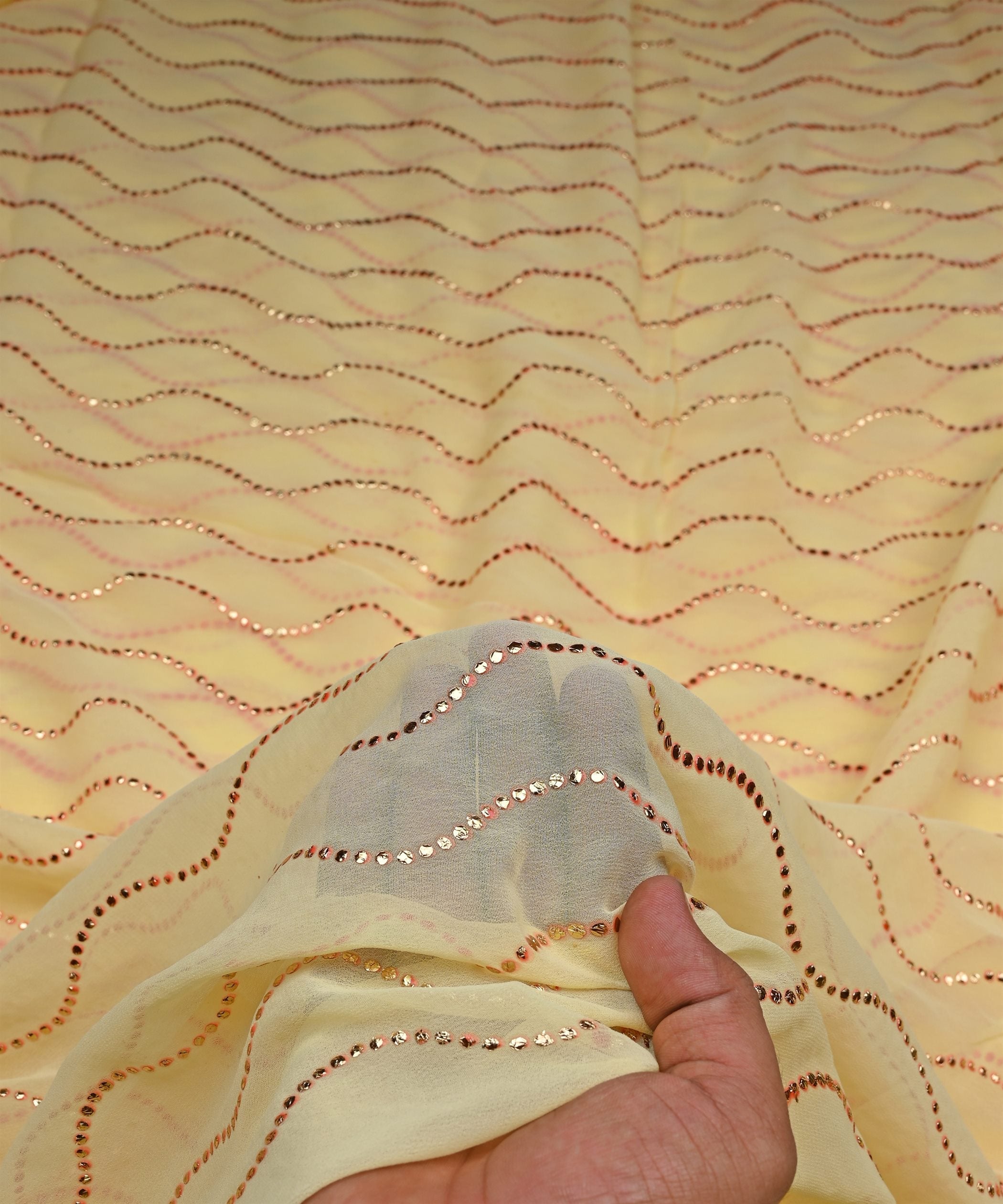 Light Yellow Georgette Fabric with Mukaish Work-5mtr