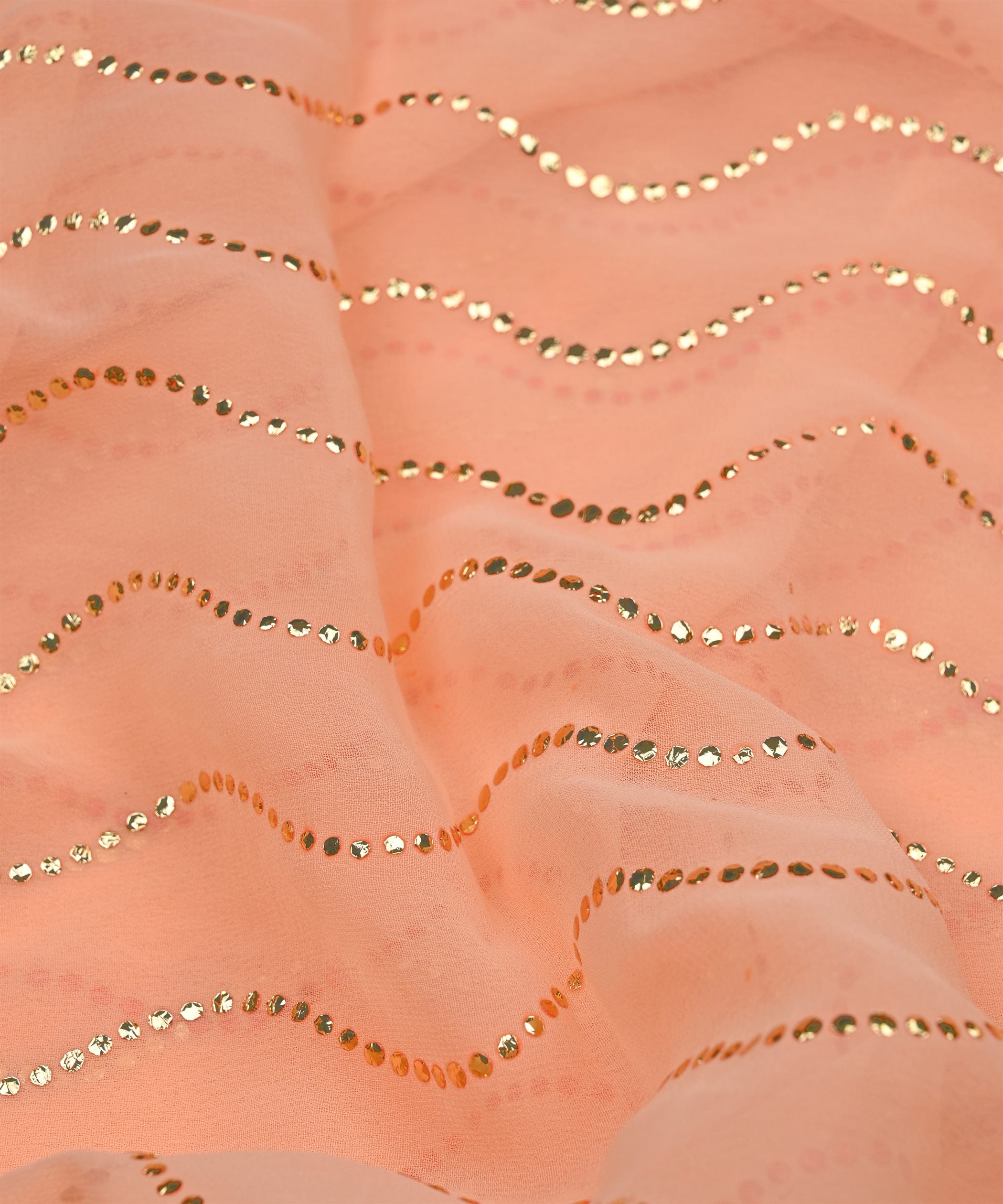 Reddish Orange Georgette Fabric with Mukaish Work