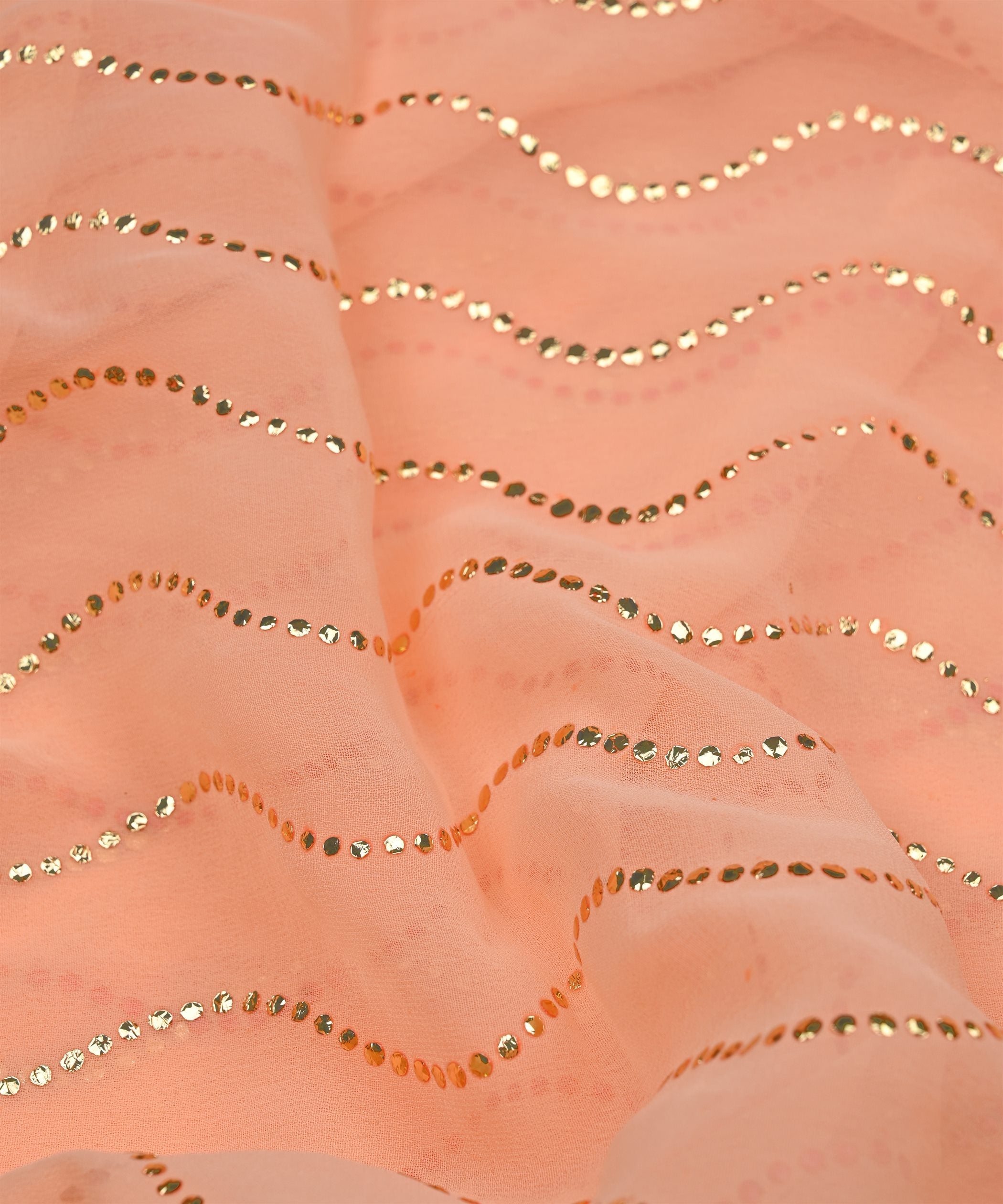 Reddish Orange Georgette Fabric with Mukaish Work-5mtr