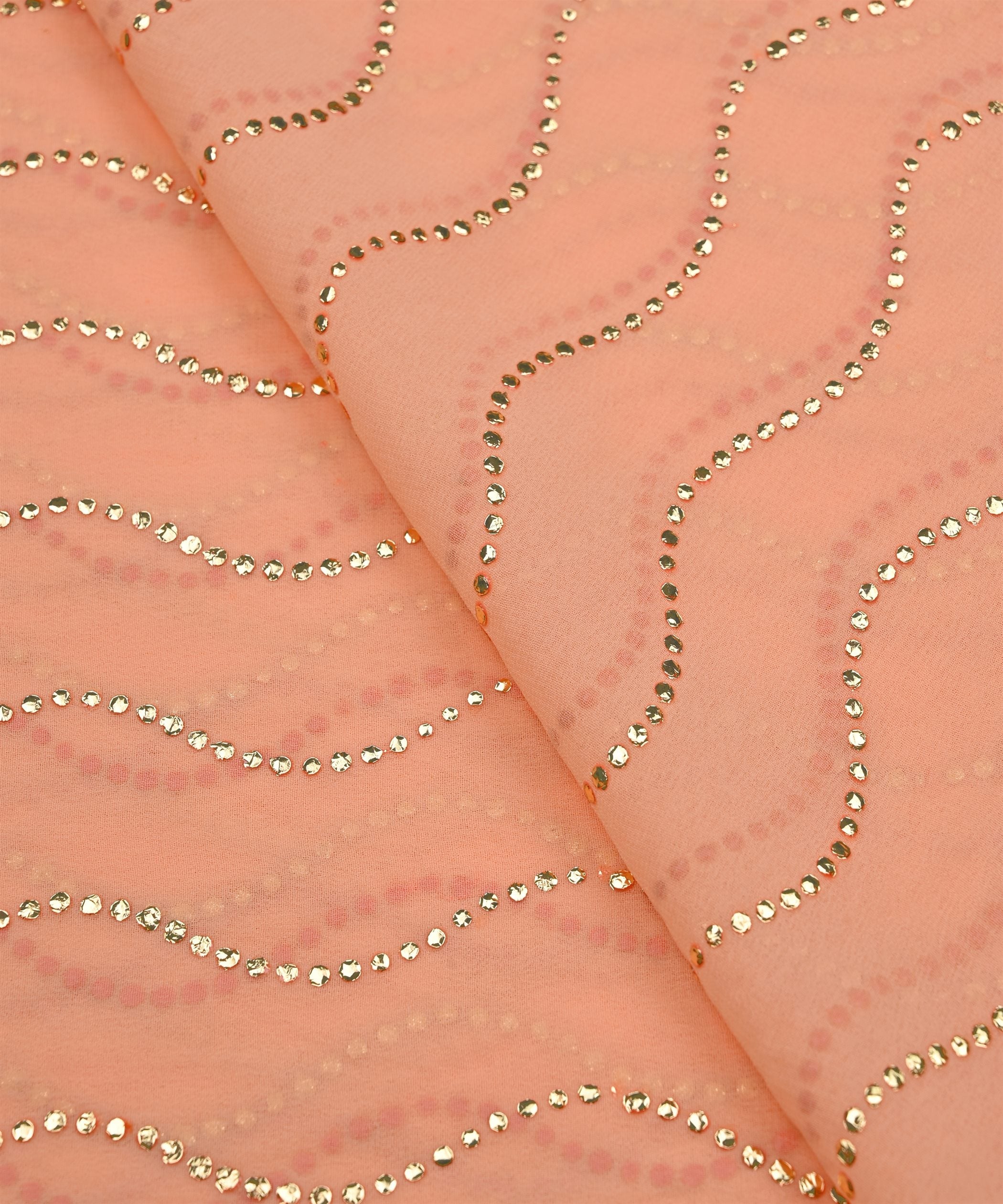 Reddish Orange Georgette Fabric with Mukaish Work-5mtr