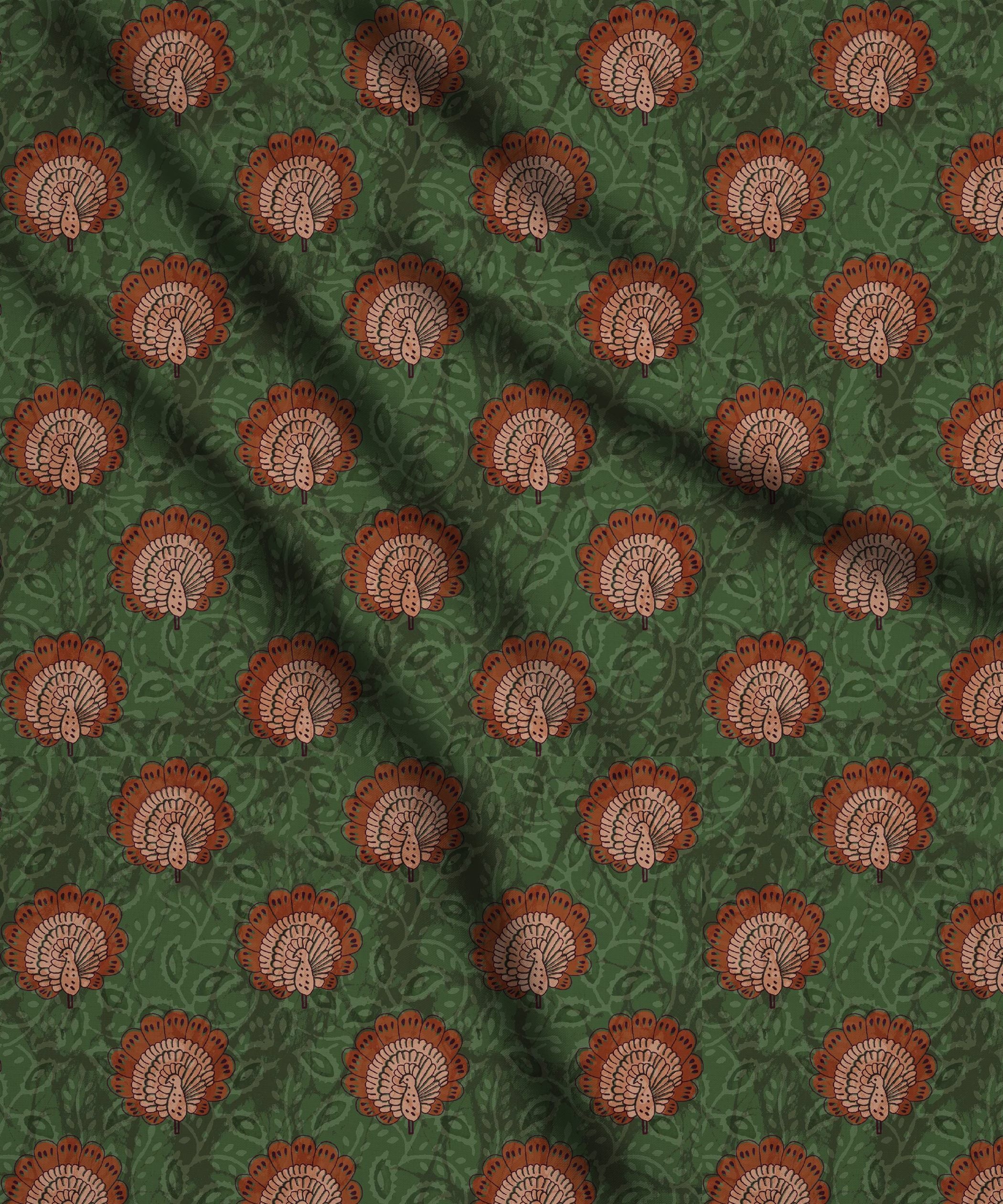 Green-Orange Peacock Motif Print