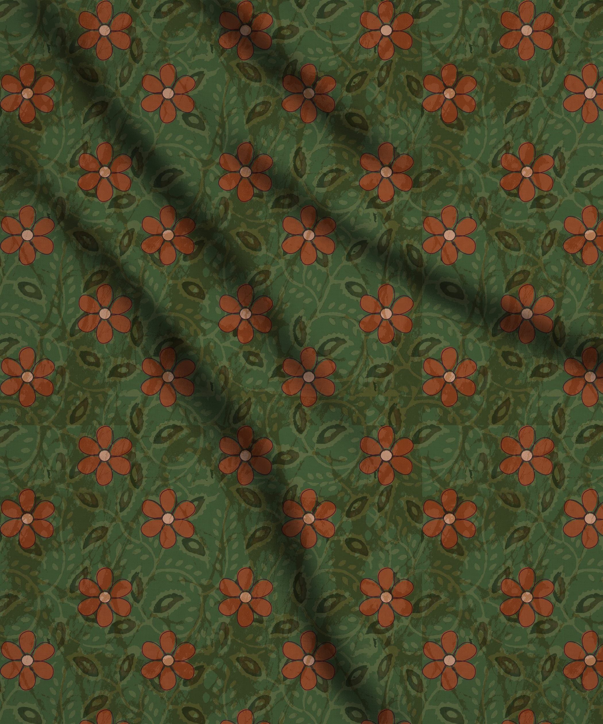 Green-Orange Periwinkle Flower Print