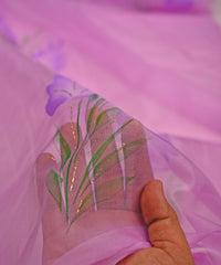 Lilac Purple floral patterned Hand prined Organza fabric