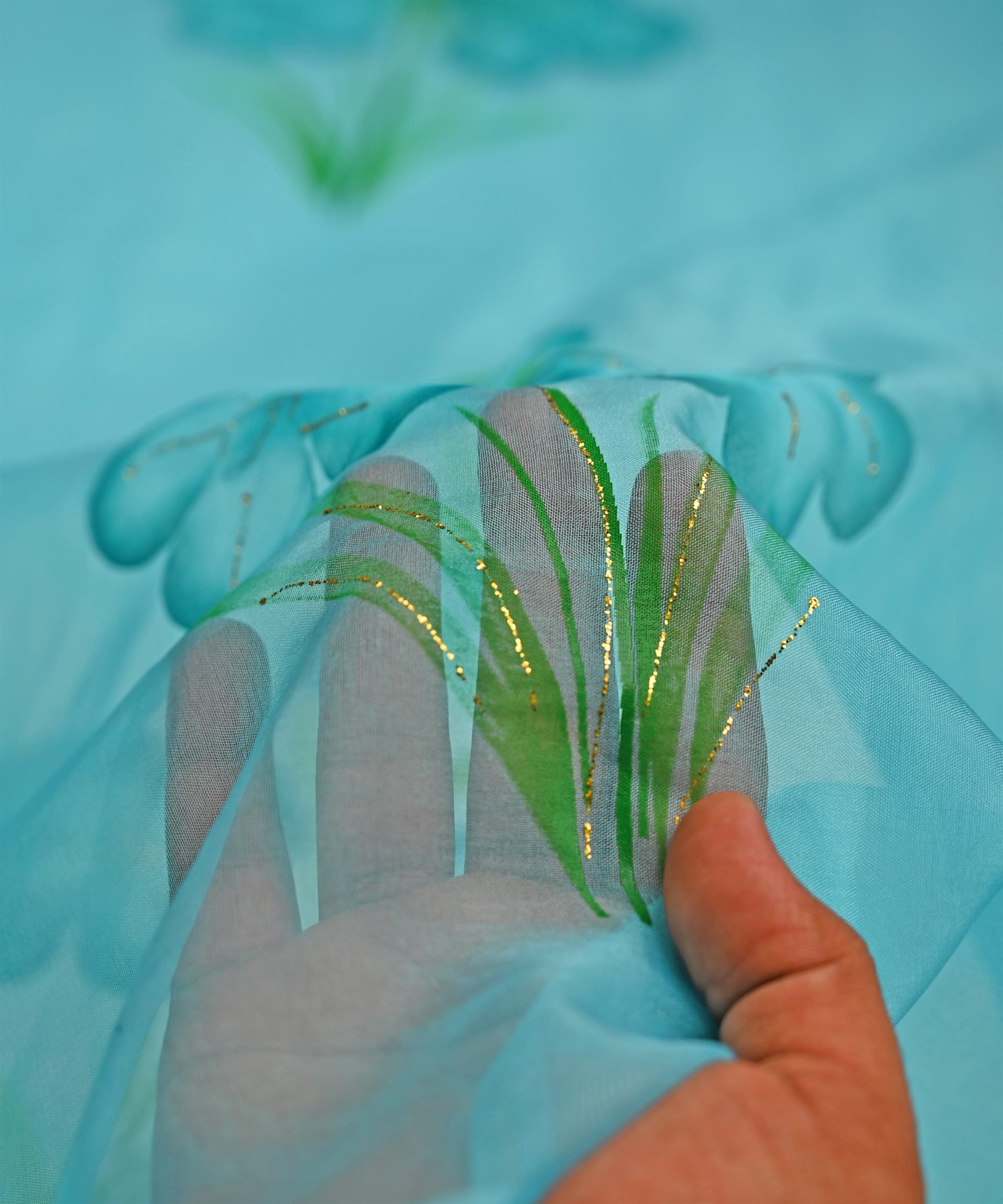 Aqua Green Floral design Organza fabric