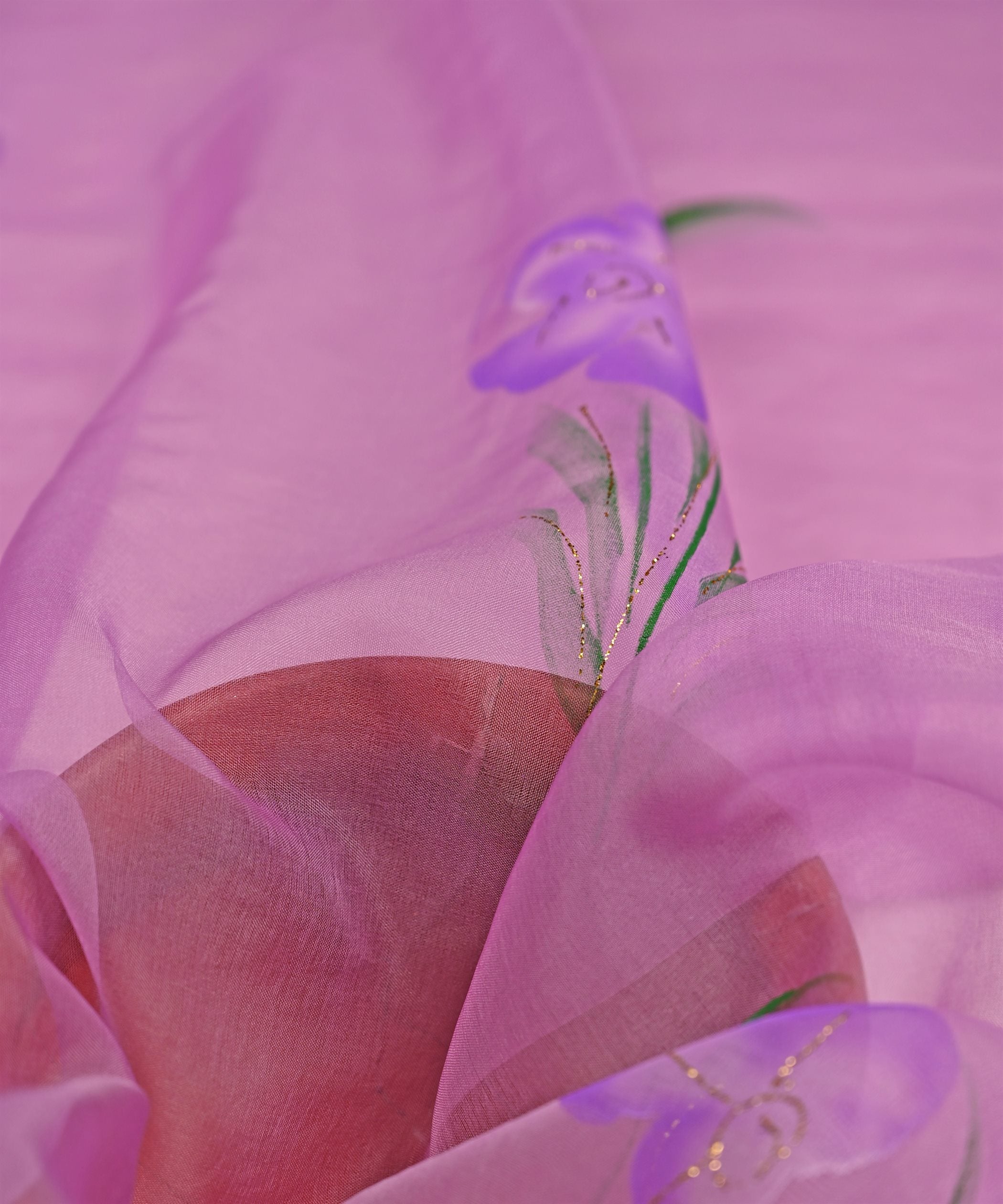 Lilac Purple floral design Hand prined Organza fabric