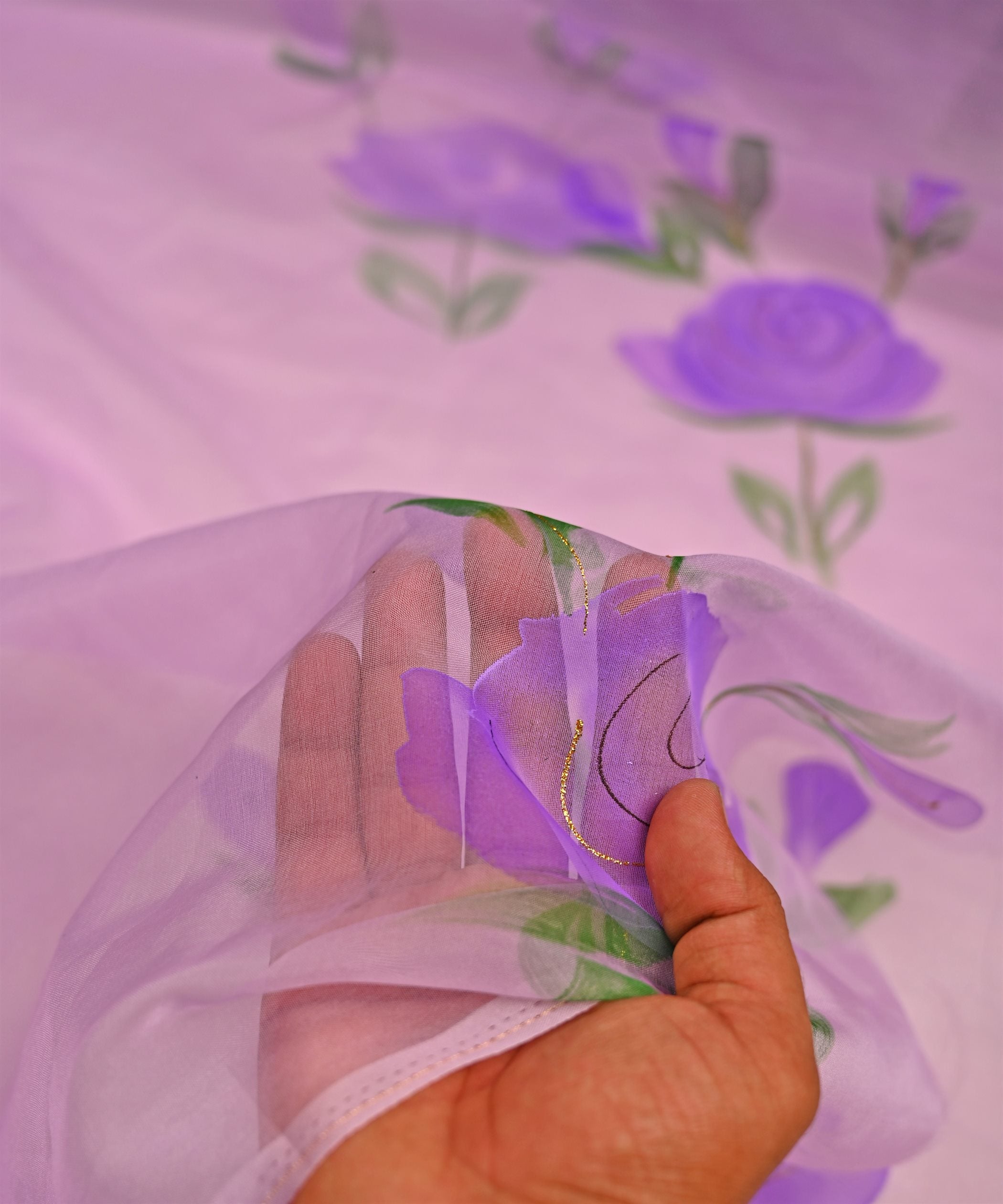Lilac Purple flower-patterned Hand prined Organza fabric