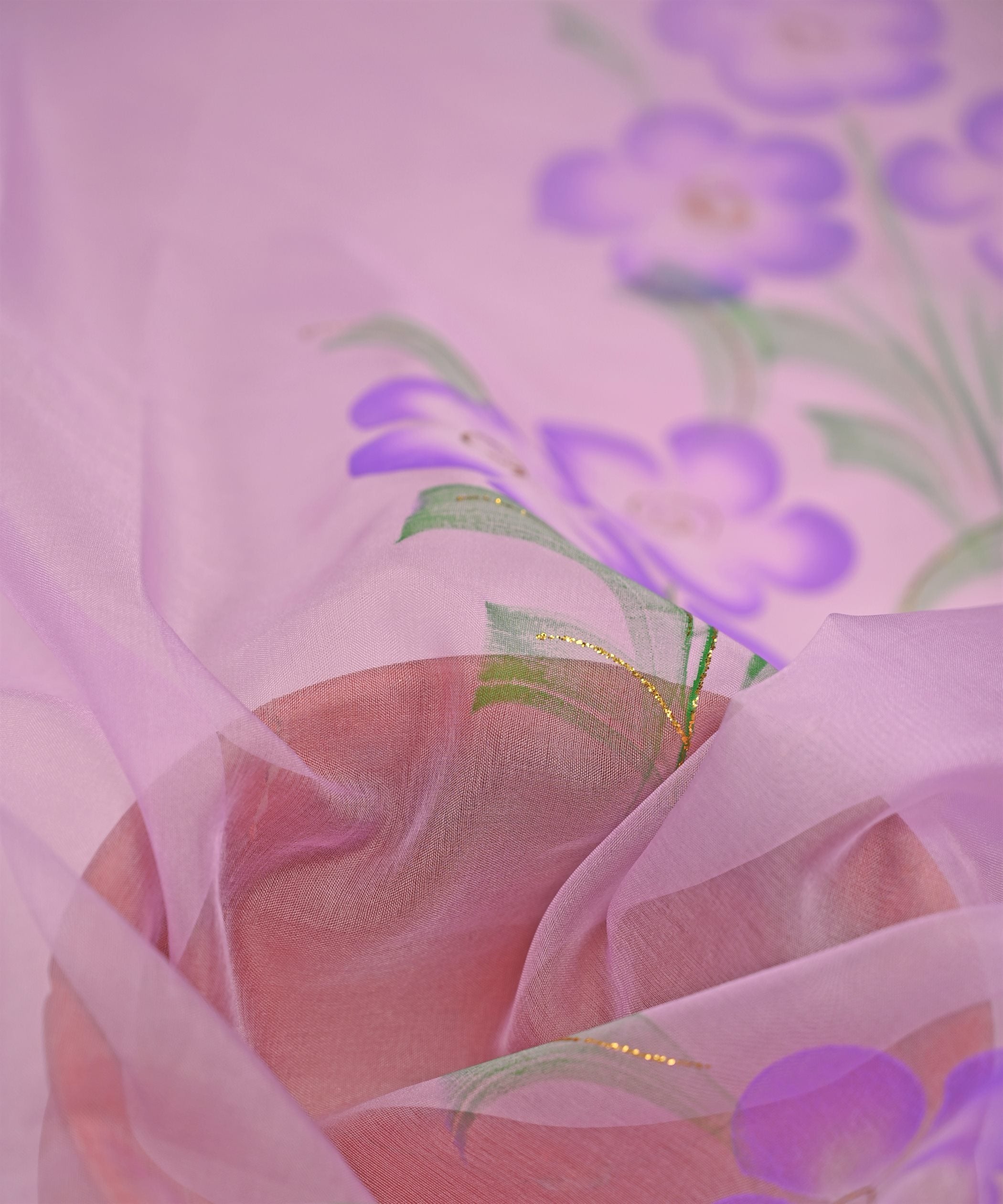 Lilac Purple flower pattern Hand prined Organza fabric