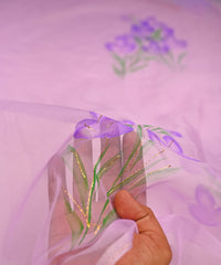 Lilac Purple floral motif Hand prined Organza fabric