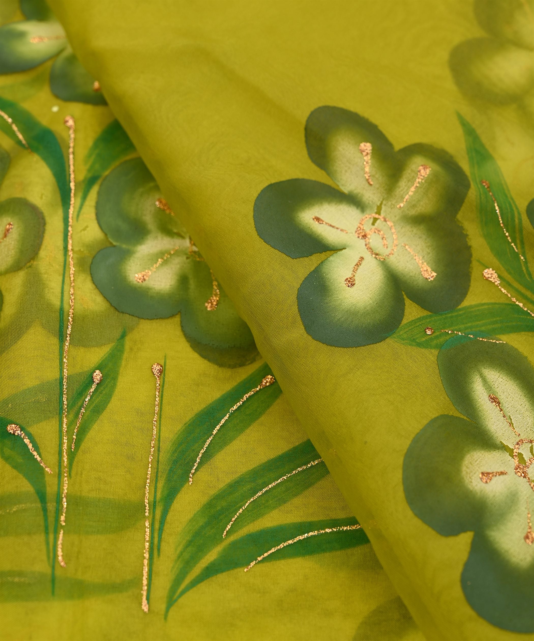 Olive Green Floral design Hand printed Organza fabric