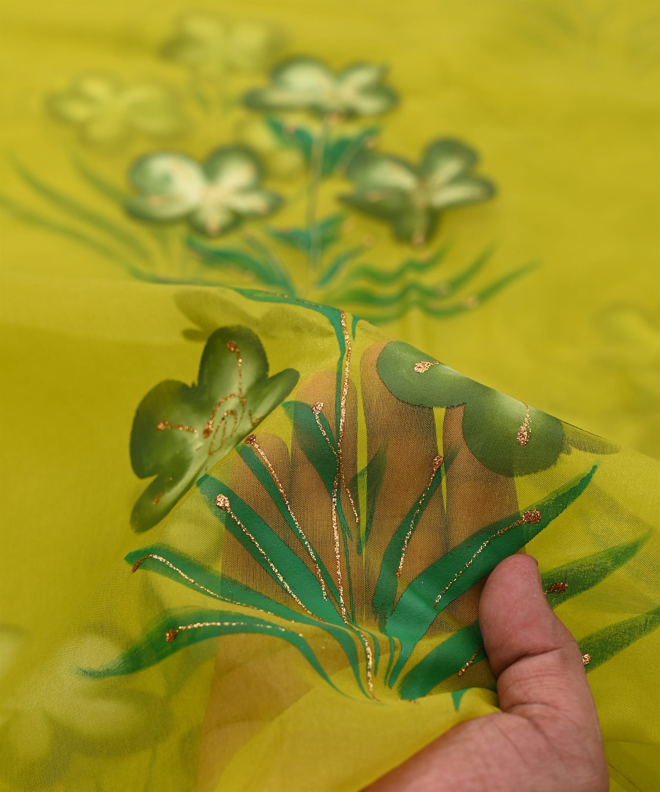 Olive Green Floral design Hand printed Organza fabric