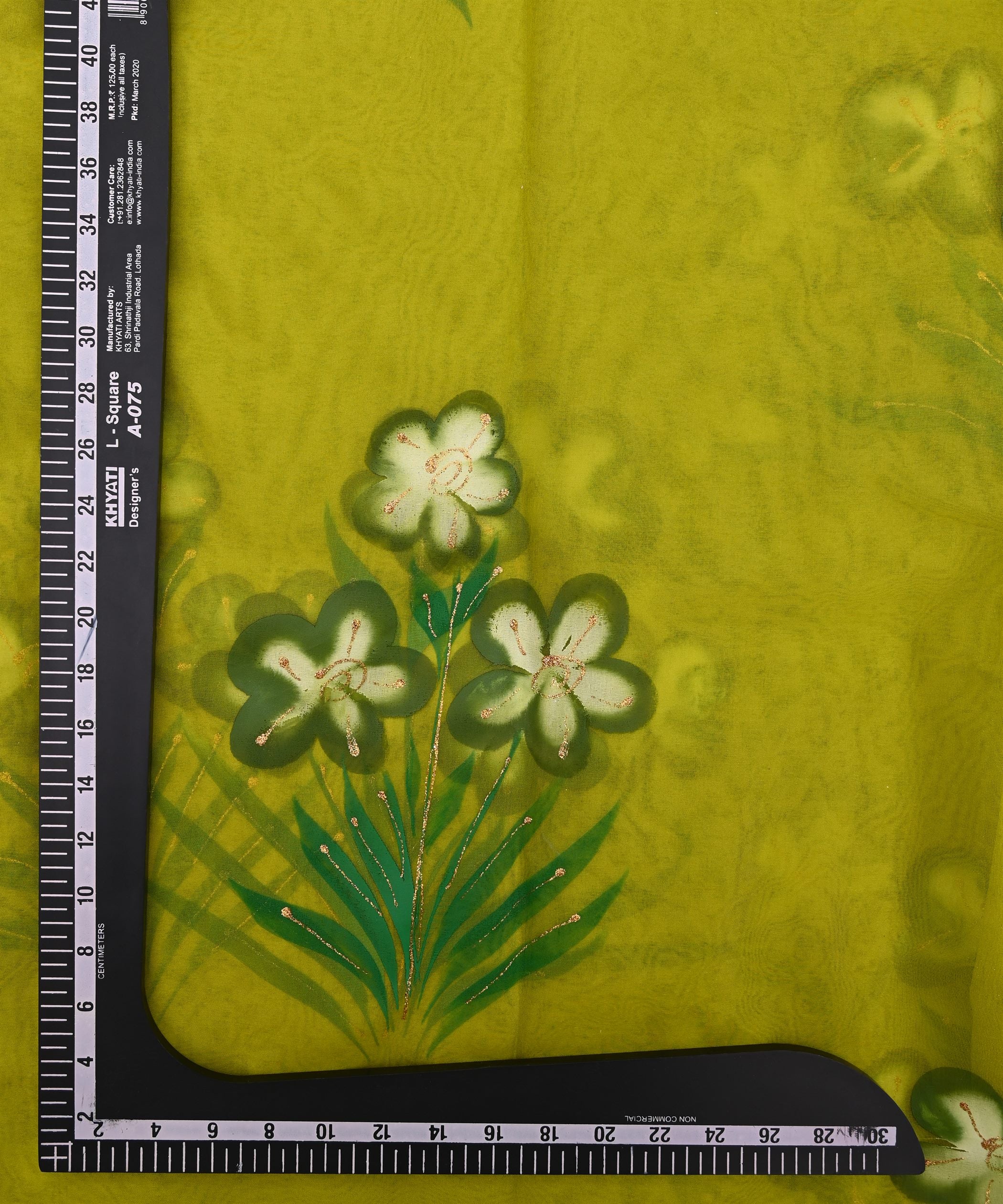 Olive Green Floral design Hand printed Organza fabric