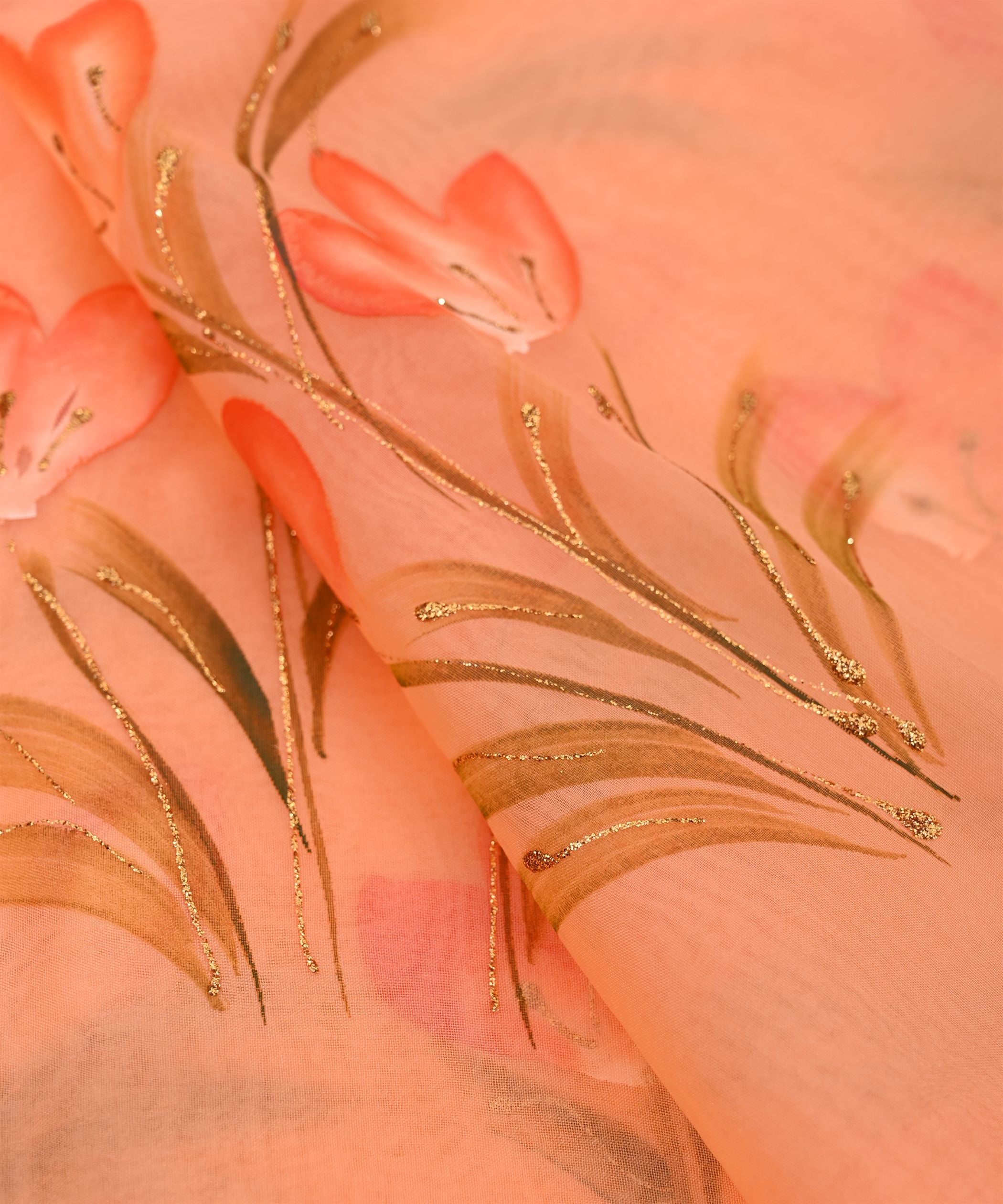 Peach Floral design Hand printed Organza fabric