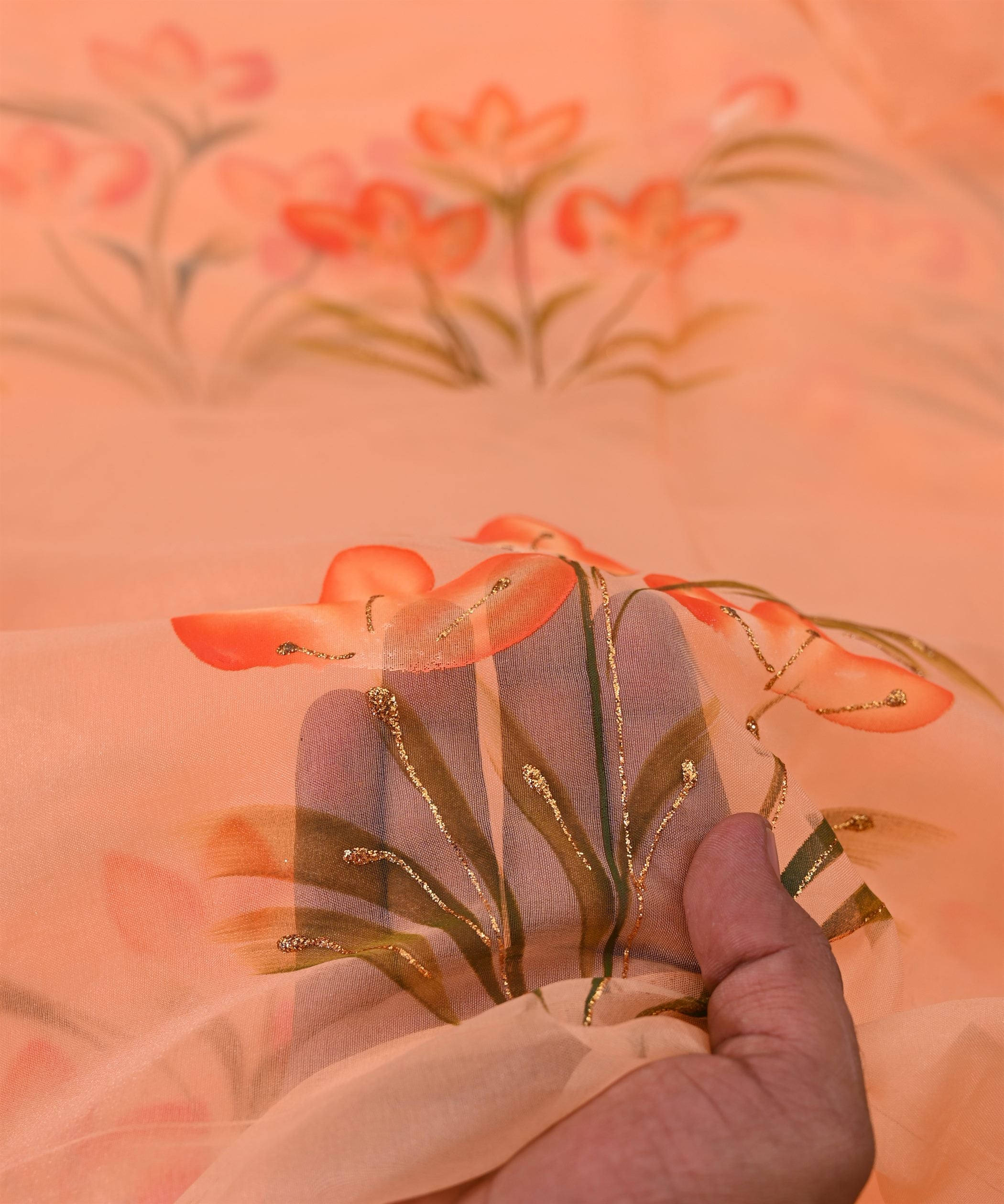 Peach Floral design Hand printed Organza fabric
