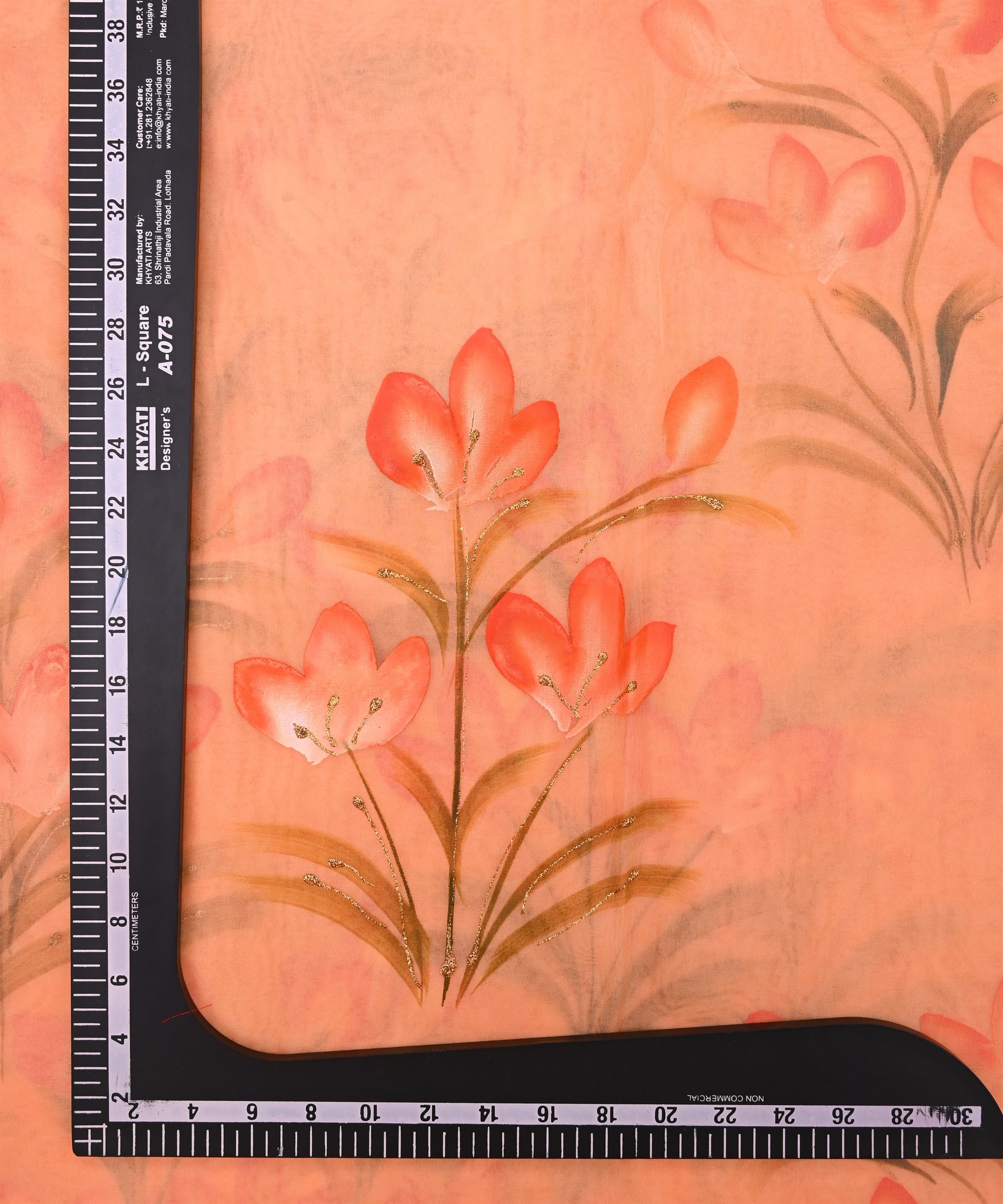 Peach Floral design Hand printed Organza fabric