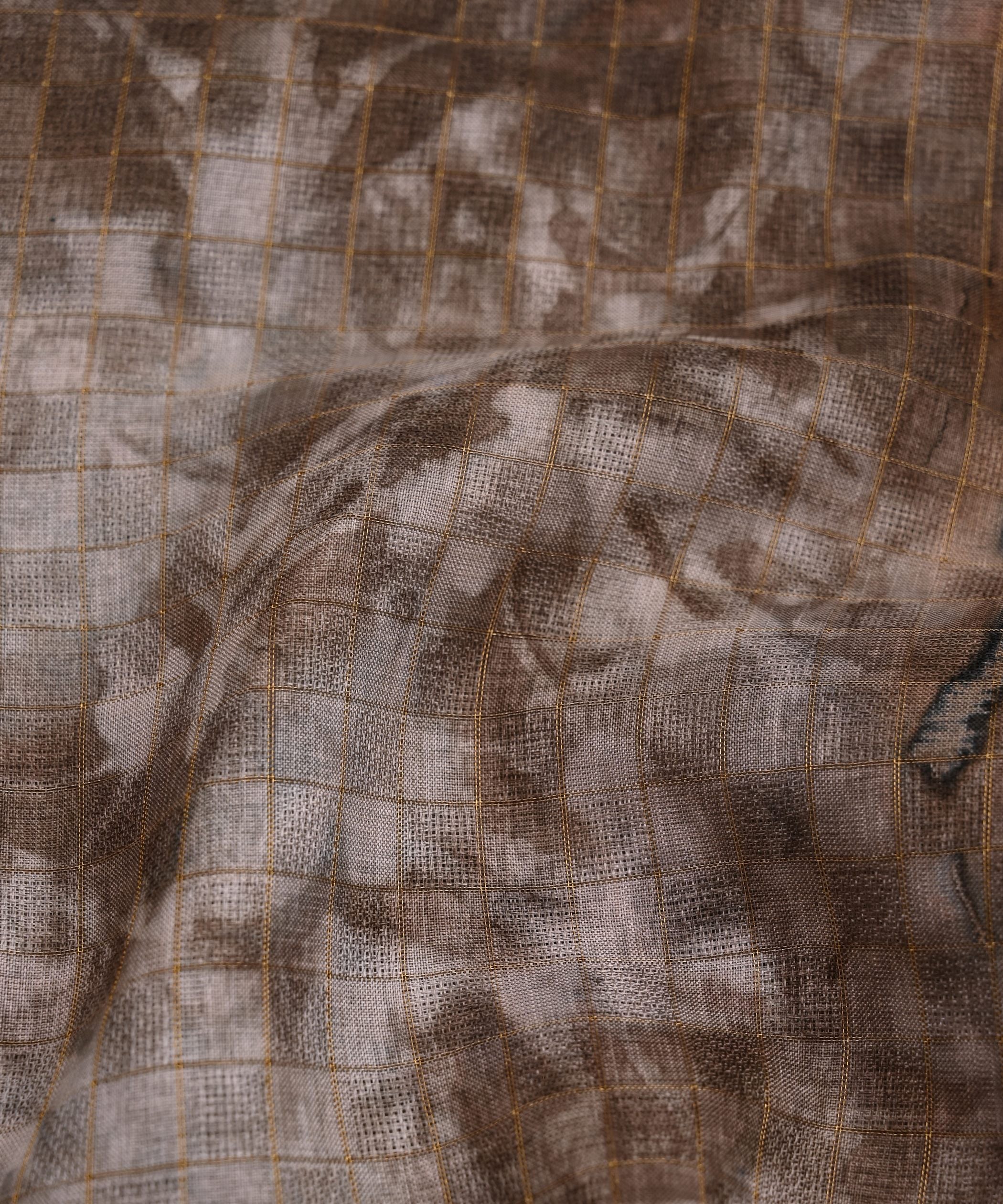 Brown Jute Fabric with Checks and Shibori Print