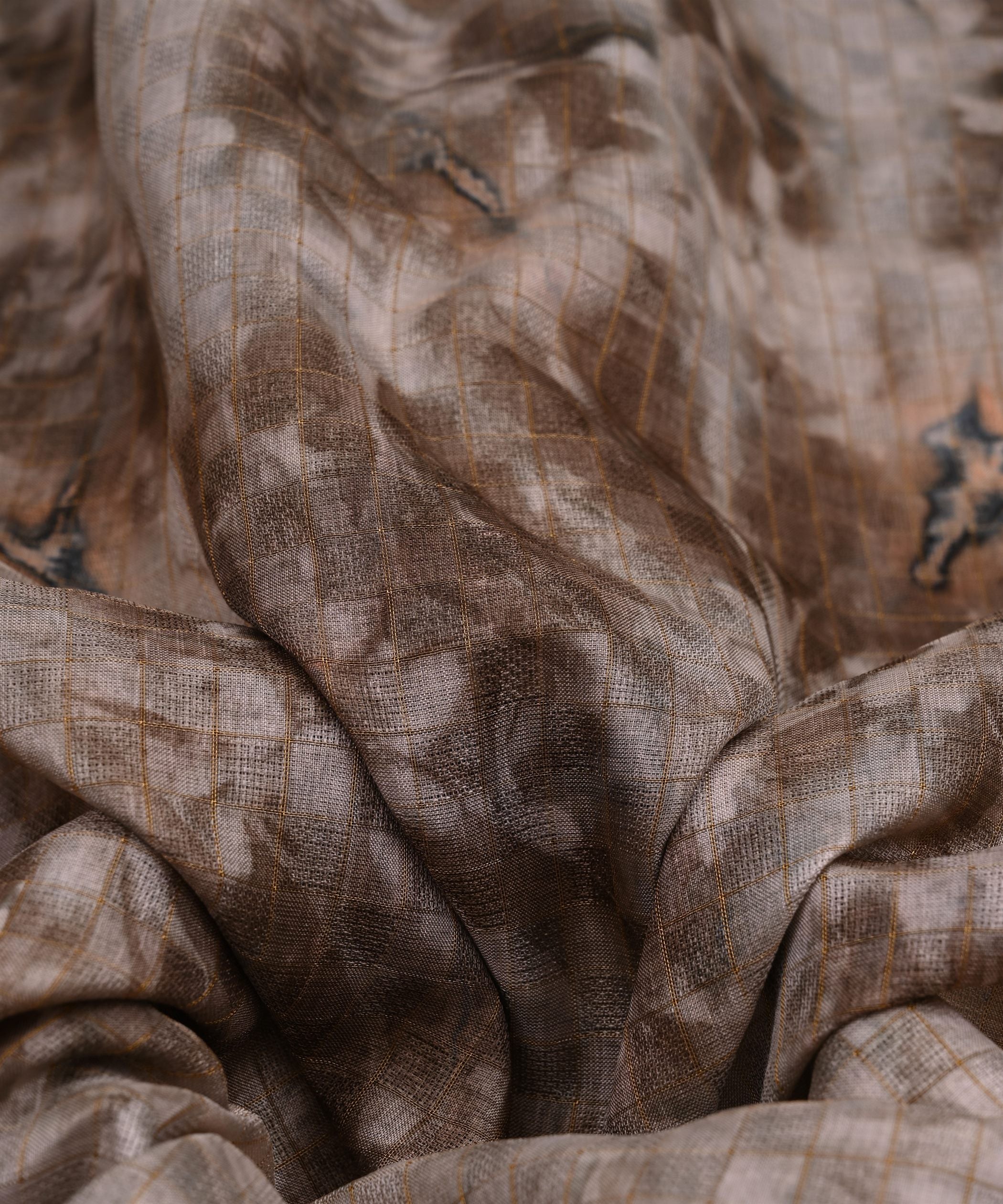 Brown Jute Fabric with Checks and Shibori Print
