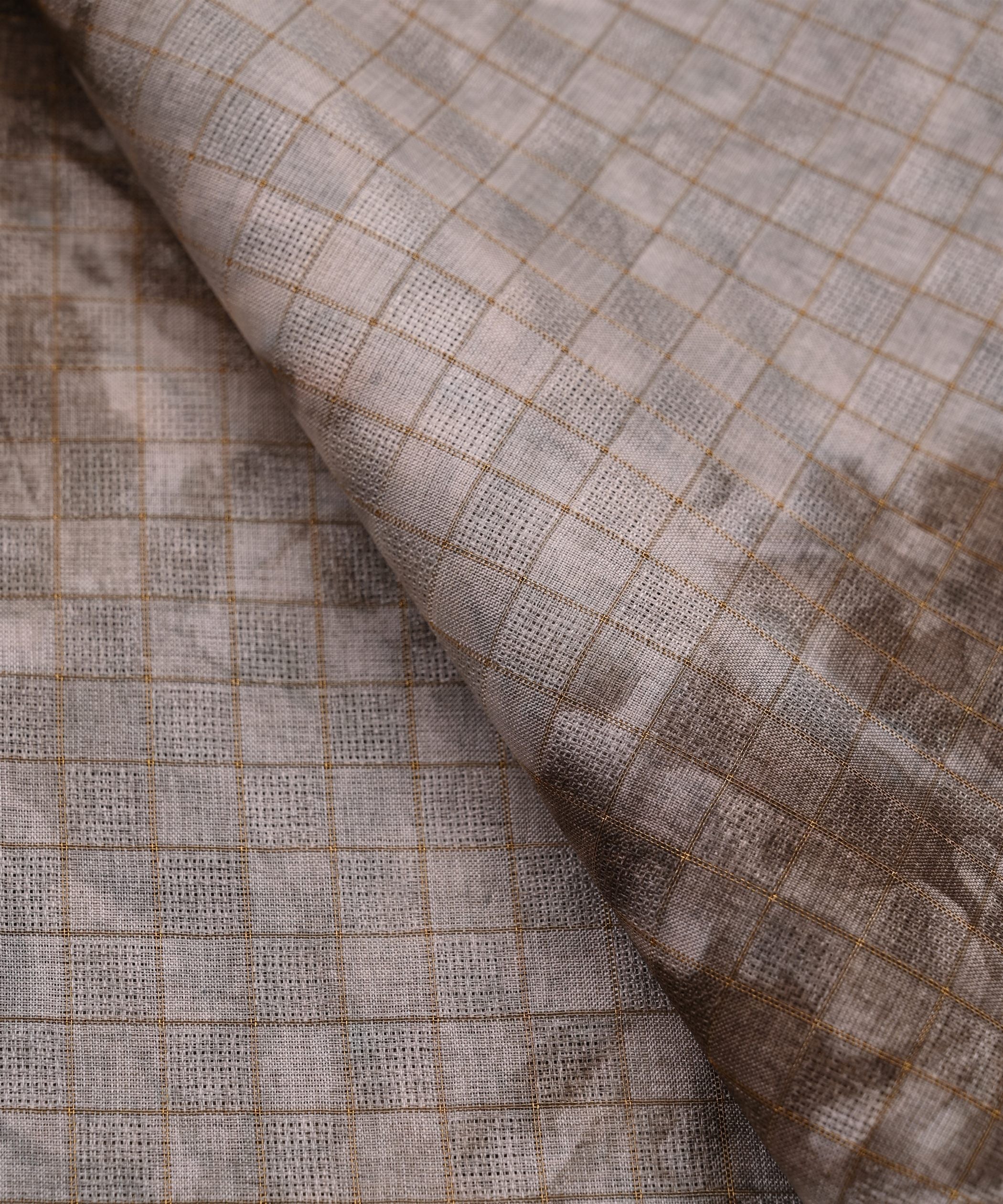 Brown Jute Fabric with Checks and Shibori Print