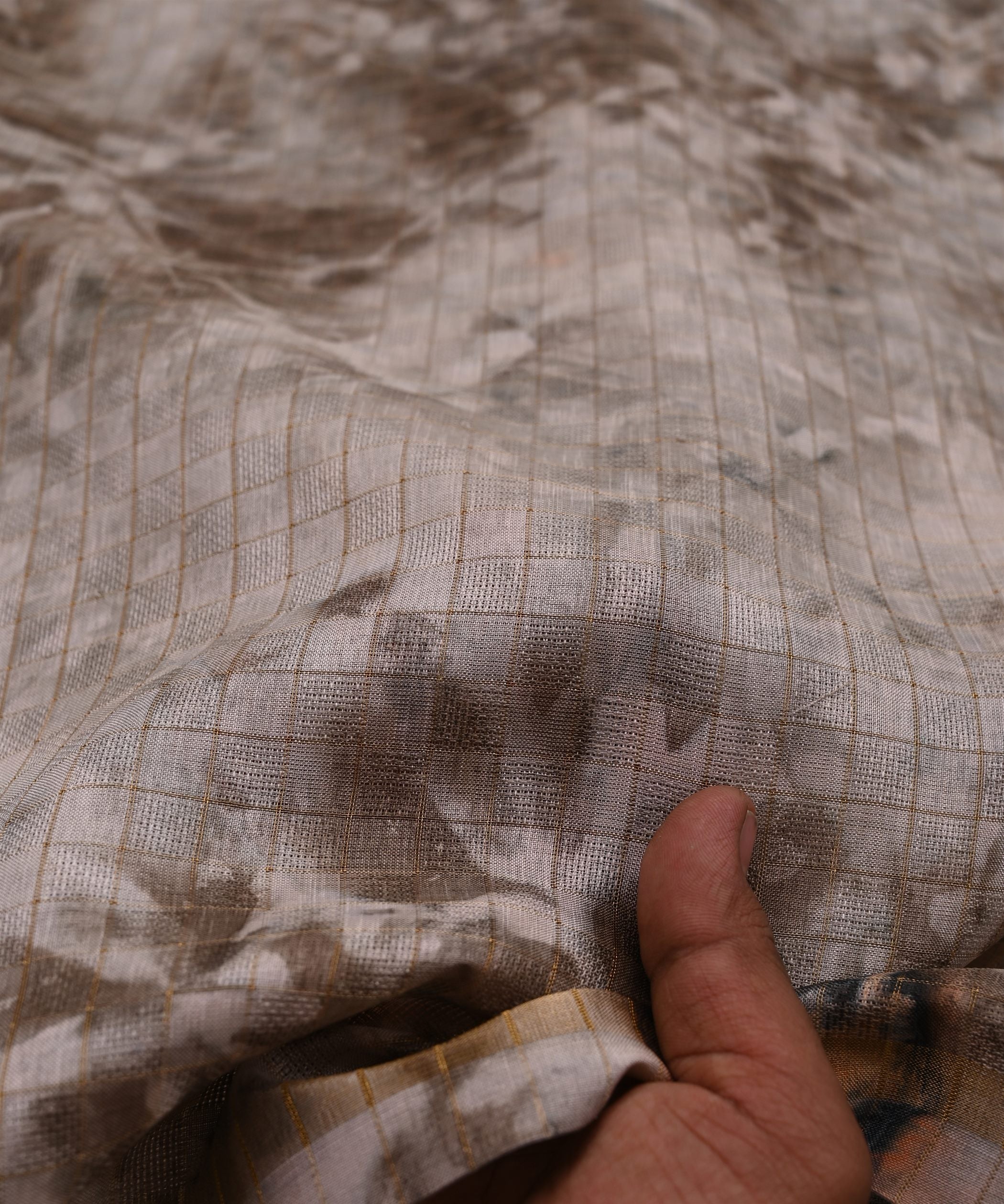 Brown Jute Fabric with Checks and Shibori Print