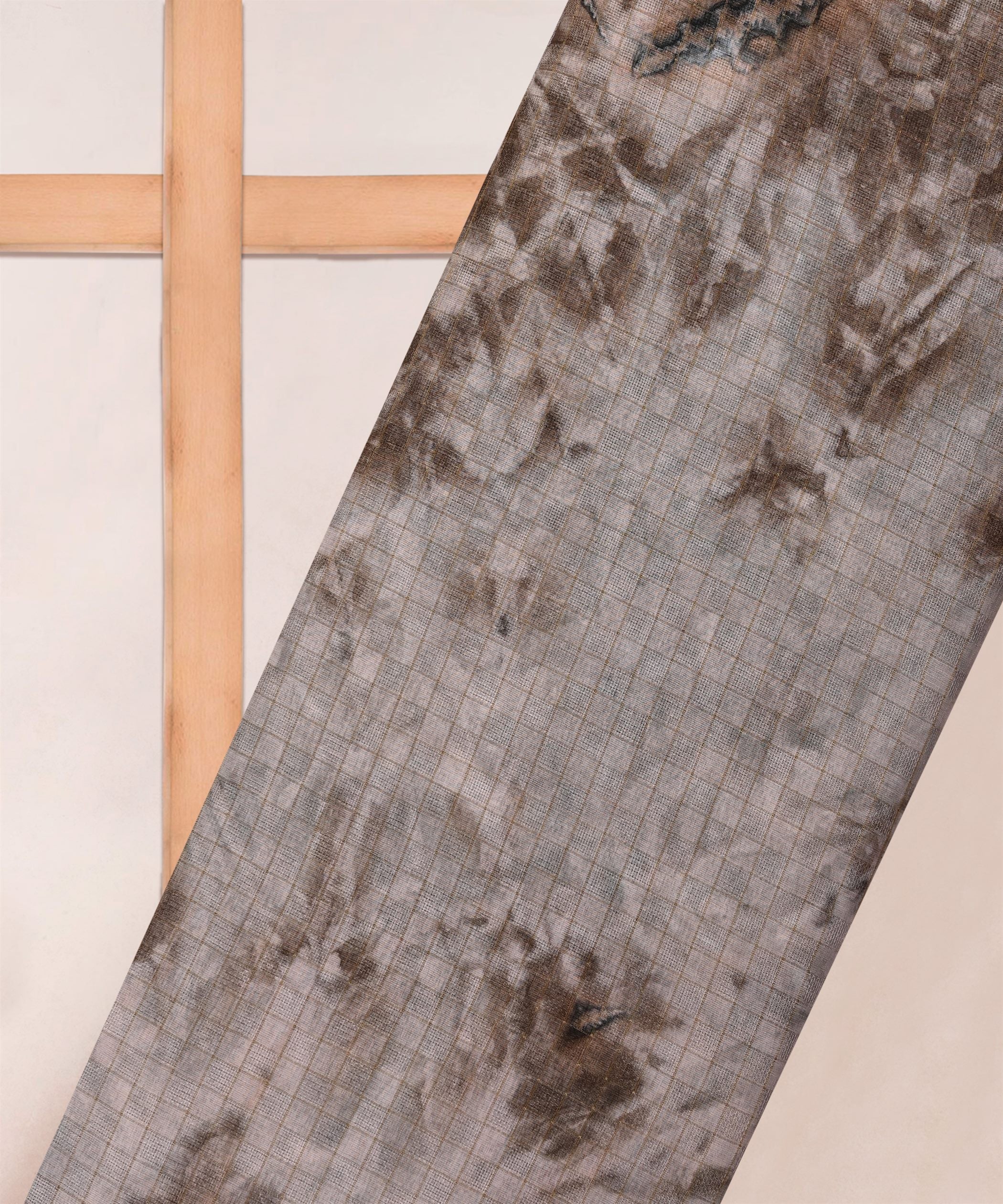 Brown Jute Fabric with Checks and Shibori Print