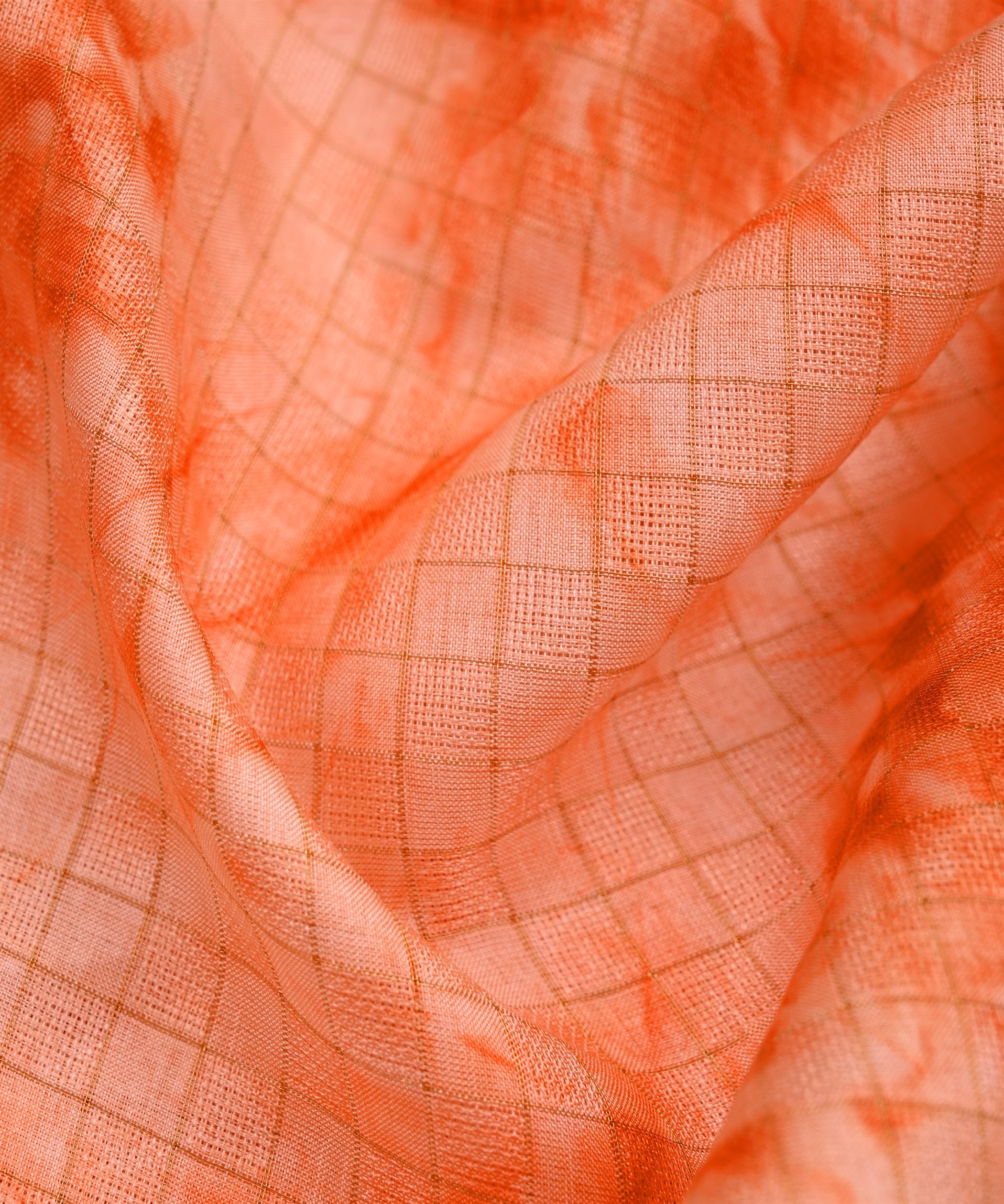 Coral Jute Fabric with Checks and Shibori Print