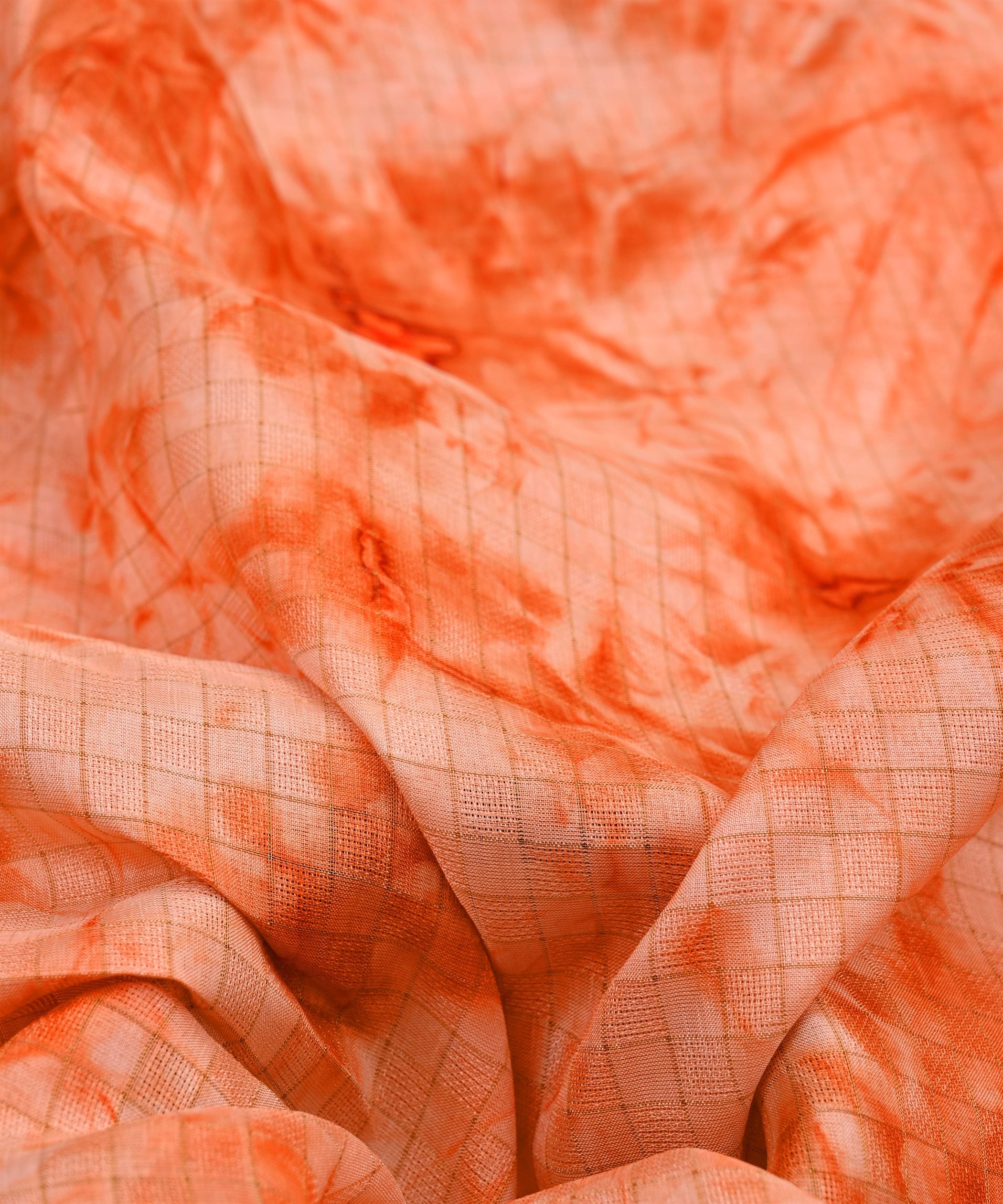 Coral Jute Fabric with Checks and Shibori Print