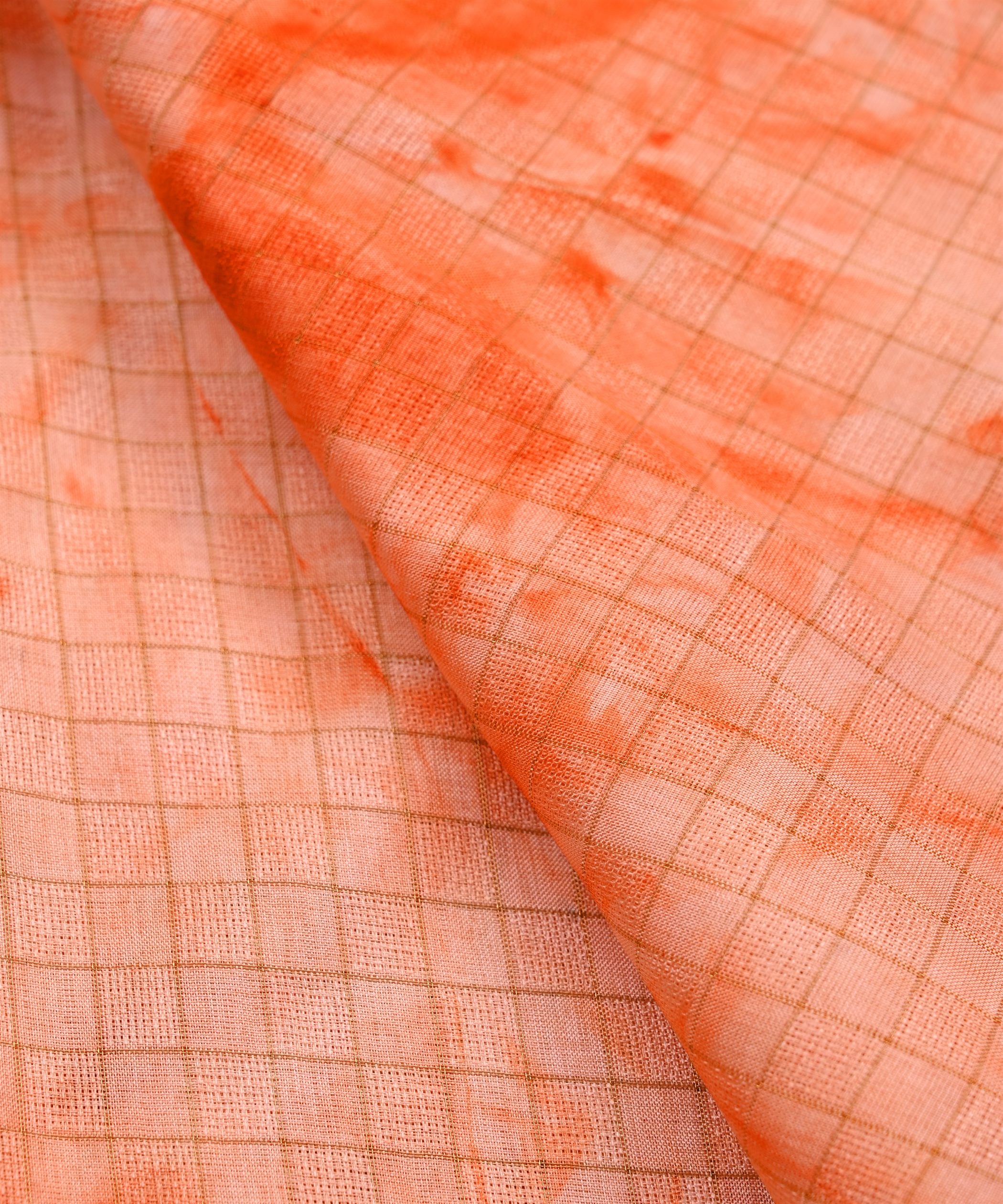 Coral Jute Fabric with Checks and Shibori Print