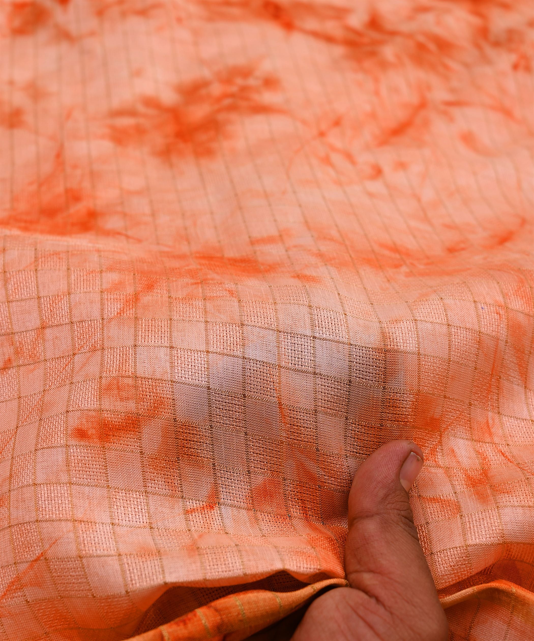 Coral Jute Fabric with Checks and Shibori Print