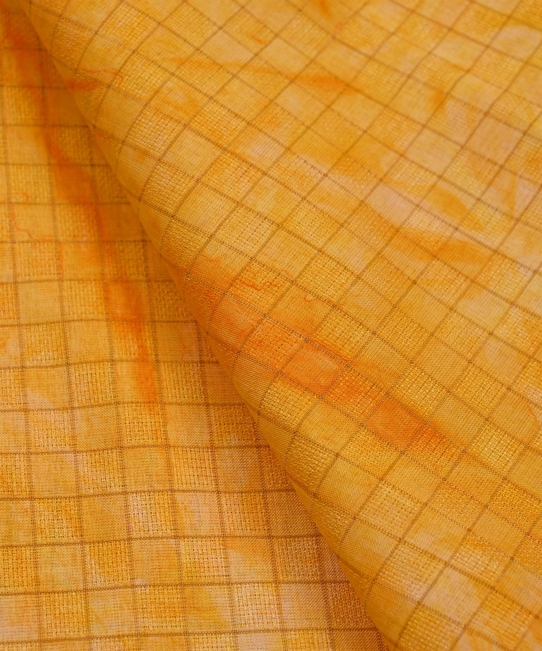 Gold Yellow Jute Fabric with Checks and Shibori Print