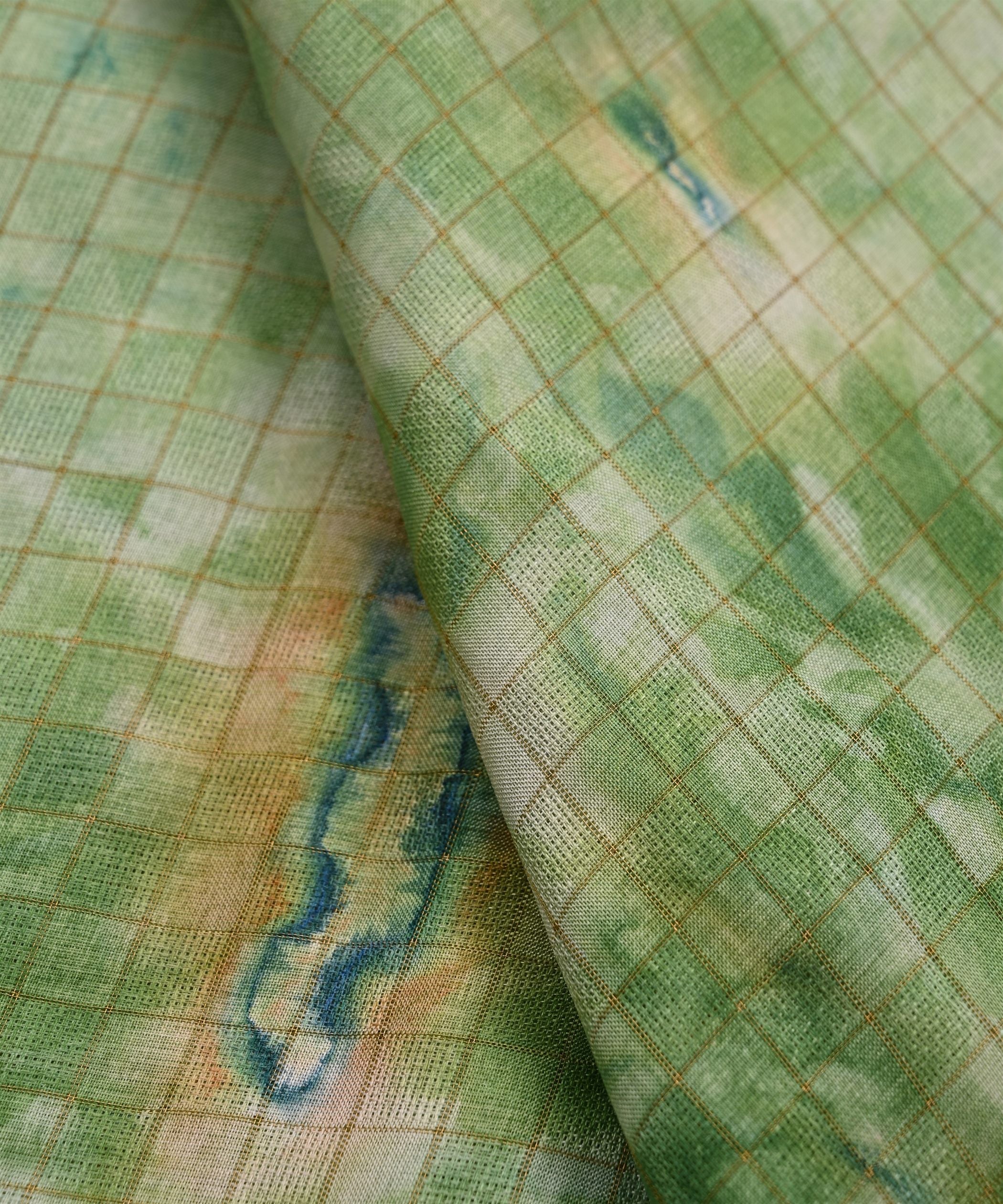 Green Jute Fabric with Checks and Shibori Print