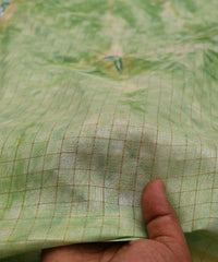 Green Jute Fabric with Checks and Shibori Print