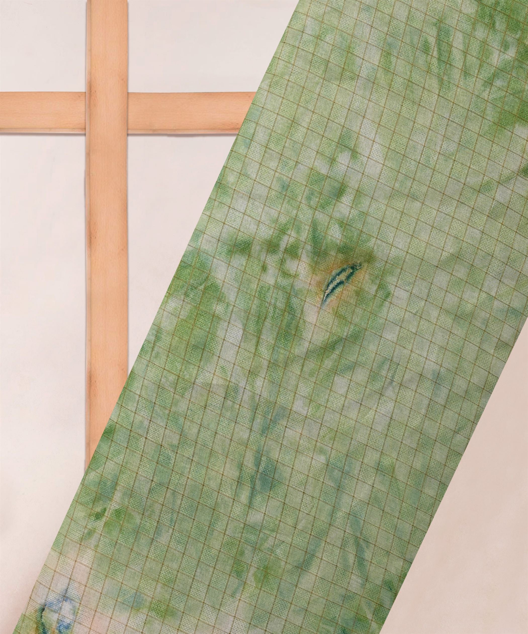 Green Jute Fabric with Checks and Shibori Print
