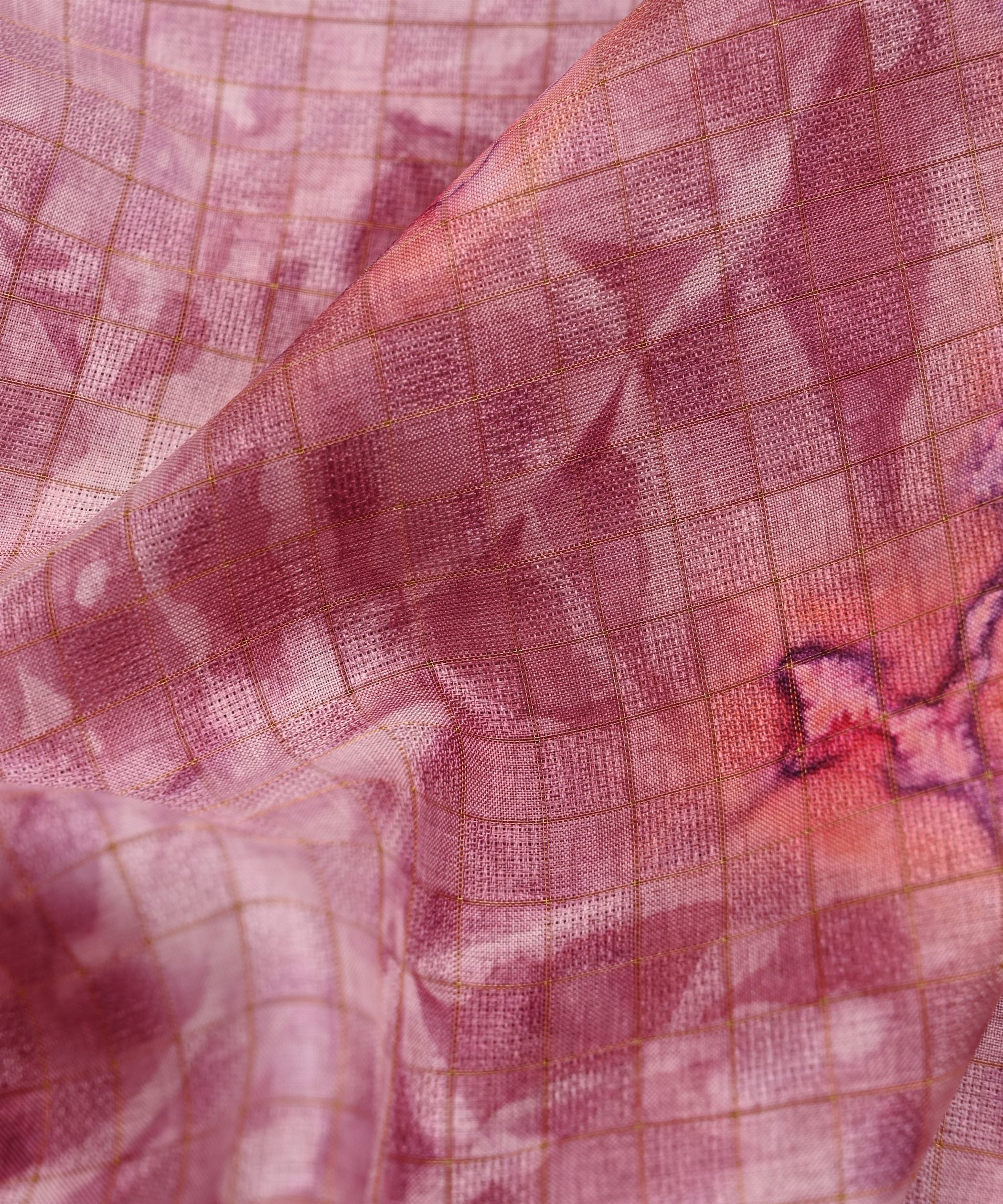 Light Wine Jute Fabric with Checks and Shibori Print