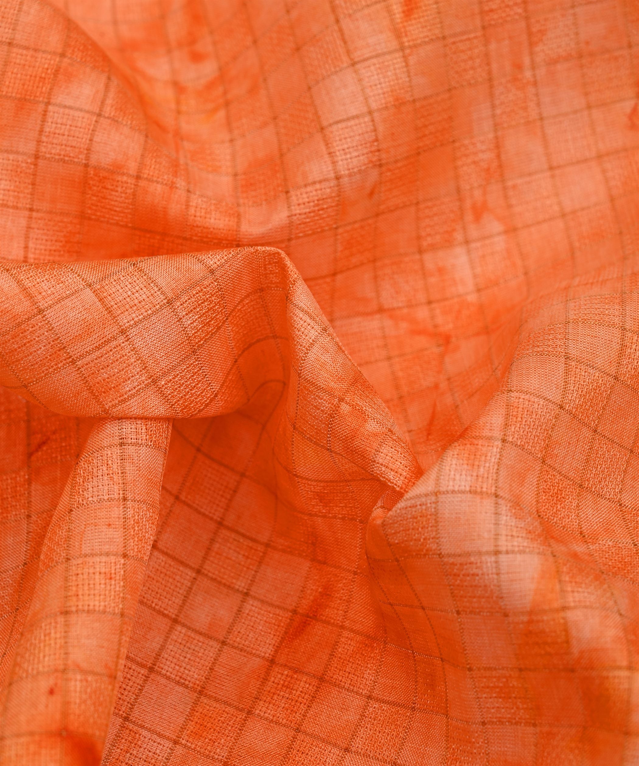 Orange Jute Fabric with Checks and Shibori Print