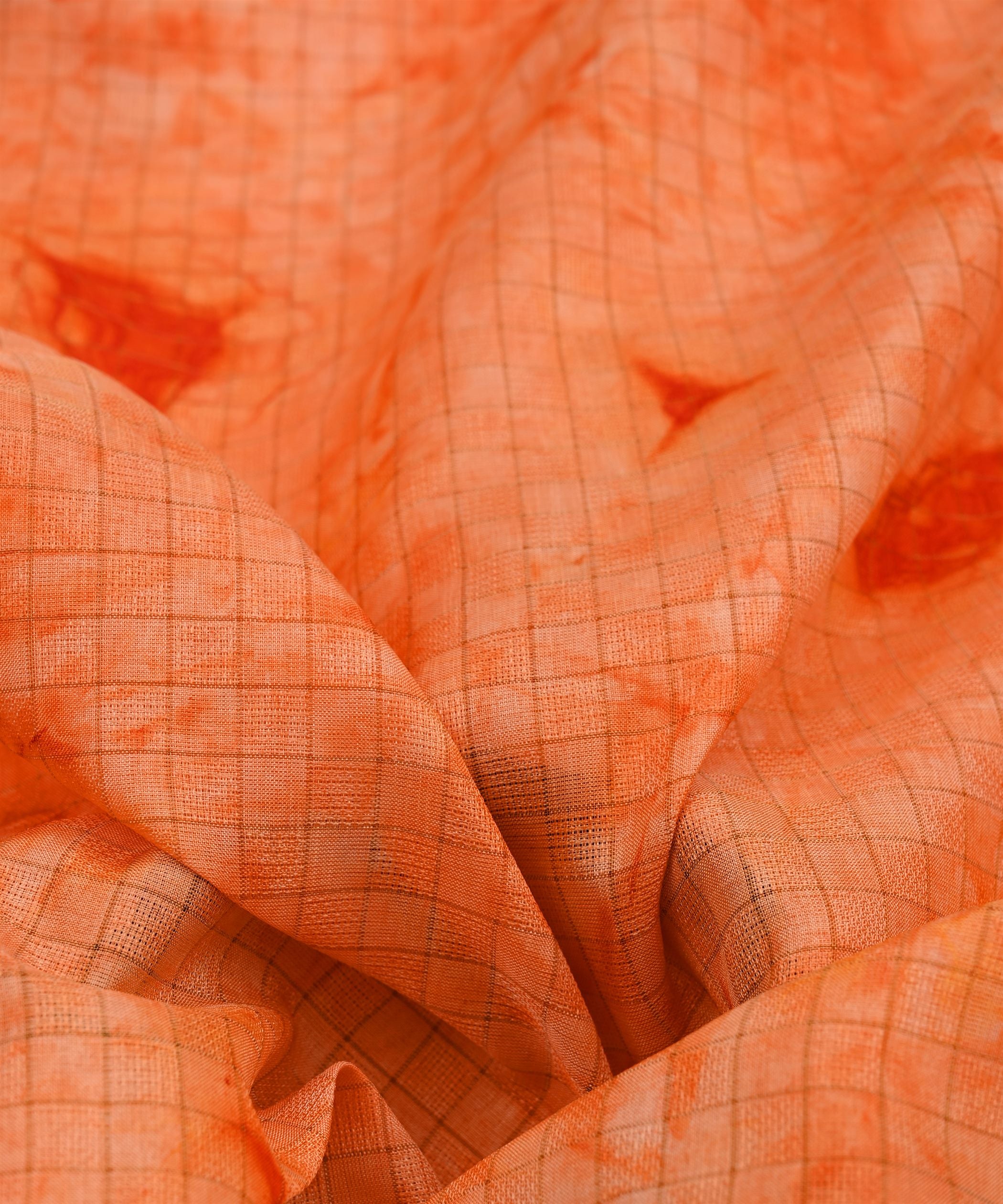 Orange Jute Fabric with Checks and Shibori Print