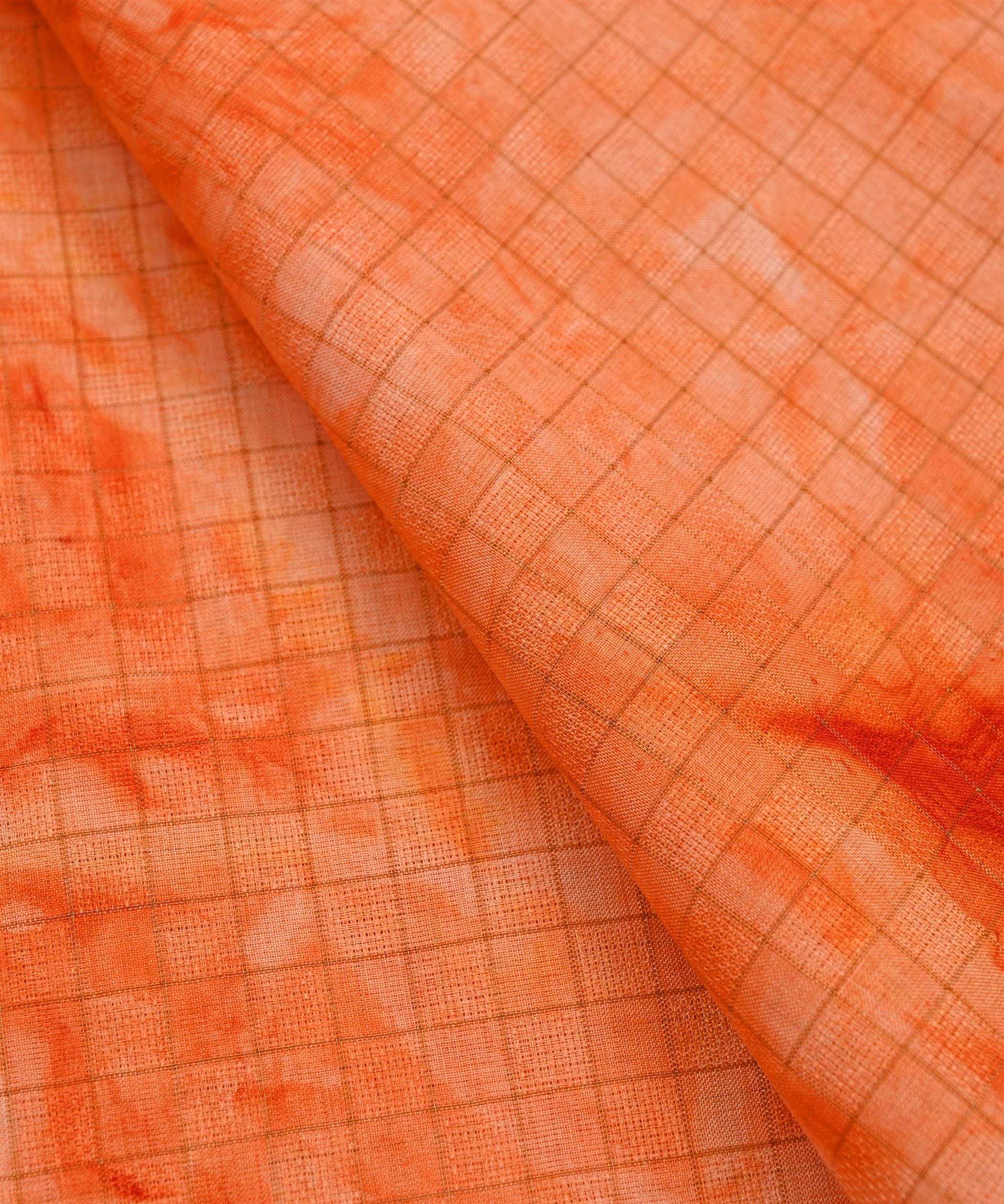 Orange Jute Fabric with Checks and Shibori Print