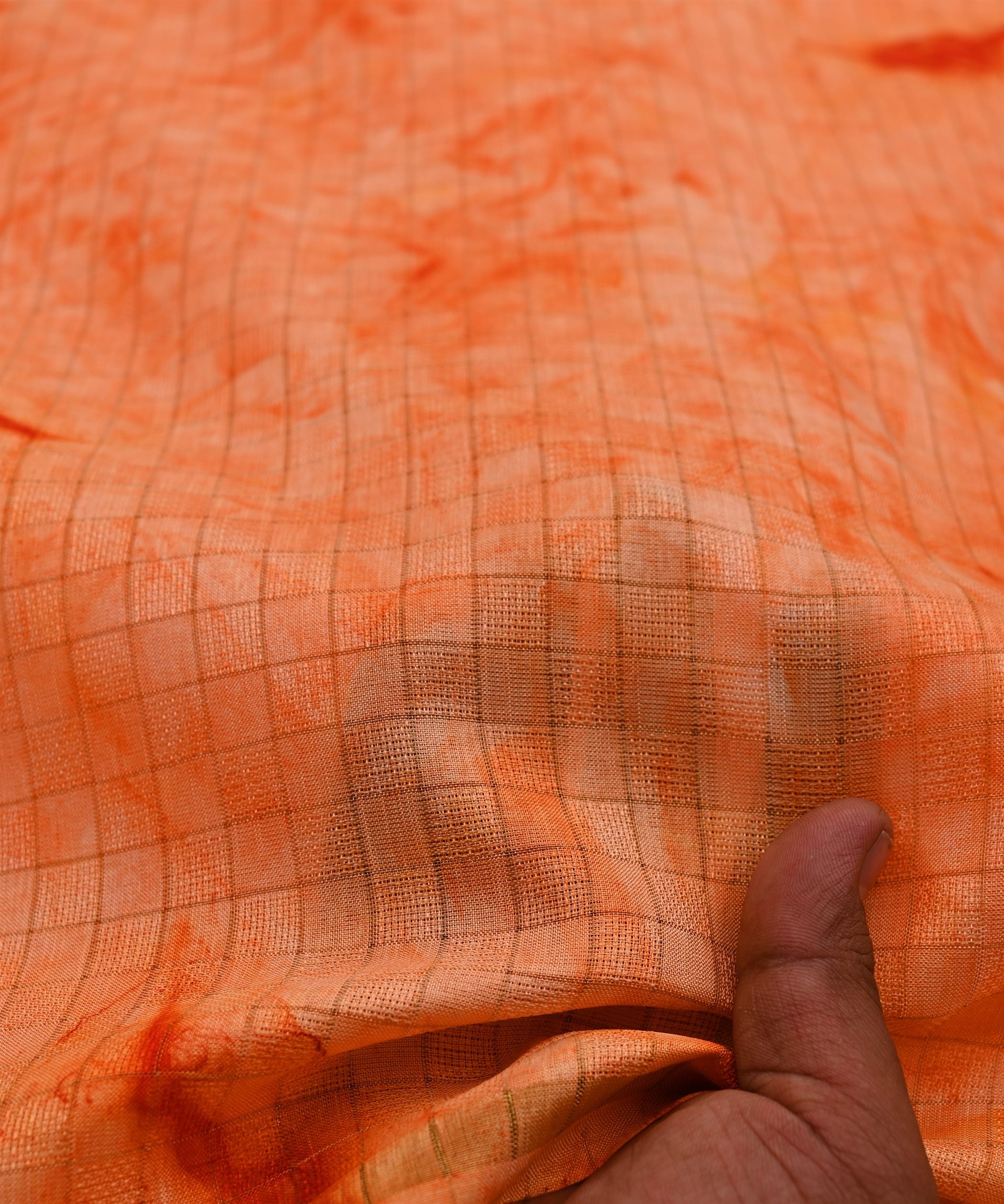 Orange Jute Fabric with Checks and Shibori Print