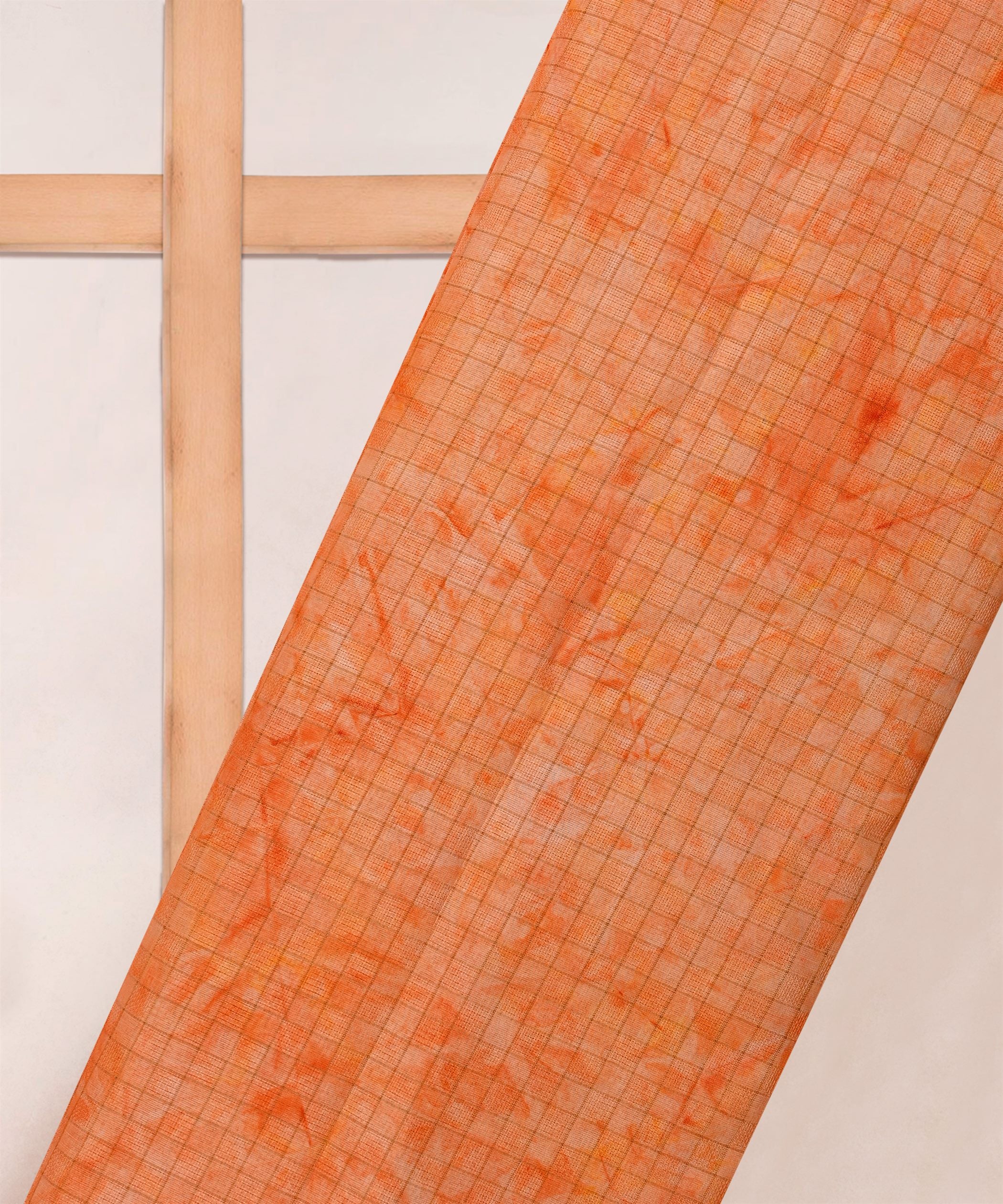 Orange Jute Fabric with Checks and Shibori Print