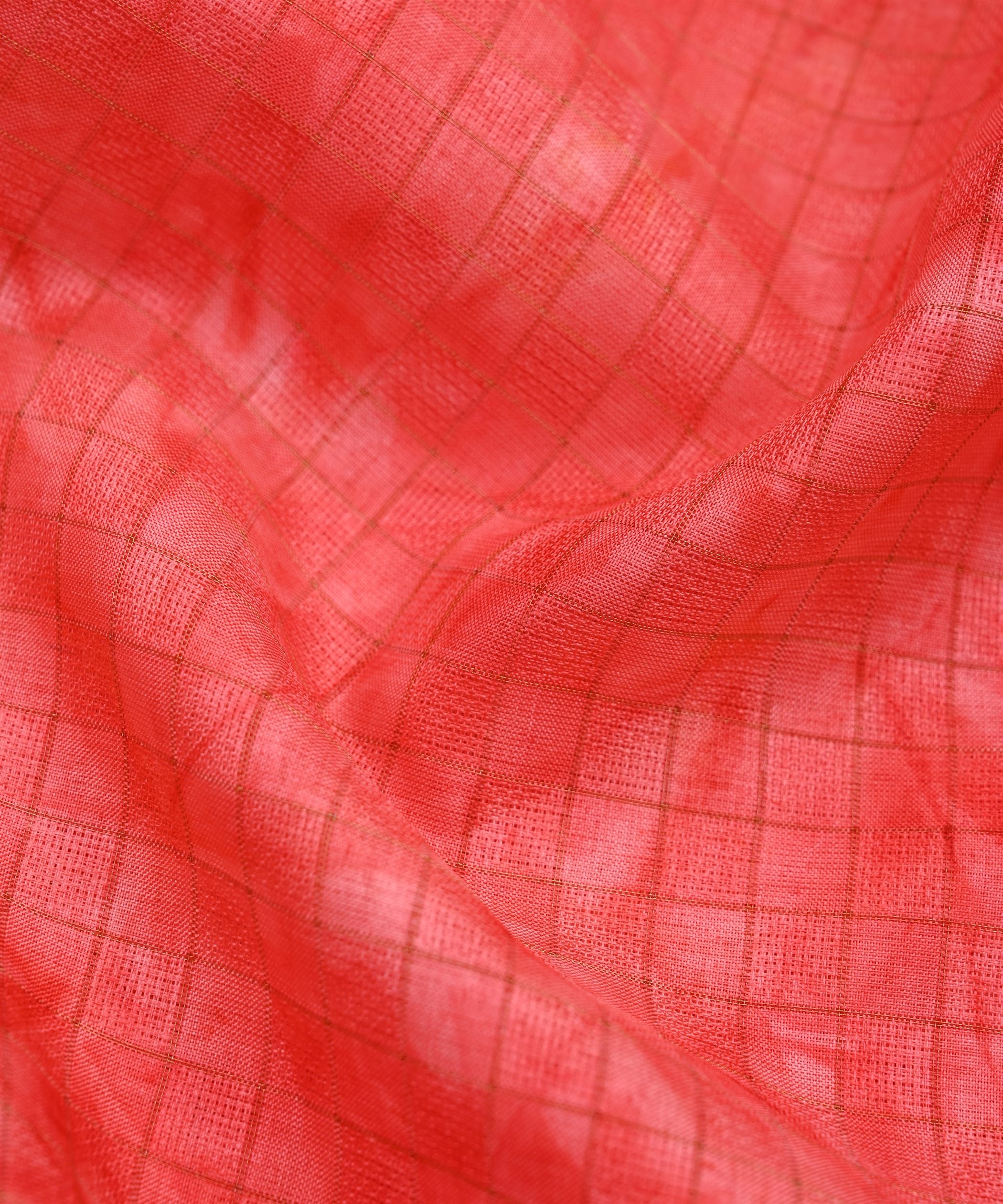 Reddish Pink Jute Fabric with Checks and Shibori Print