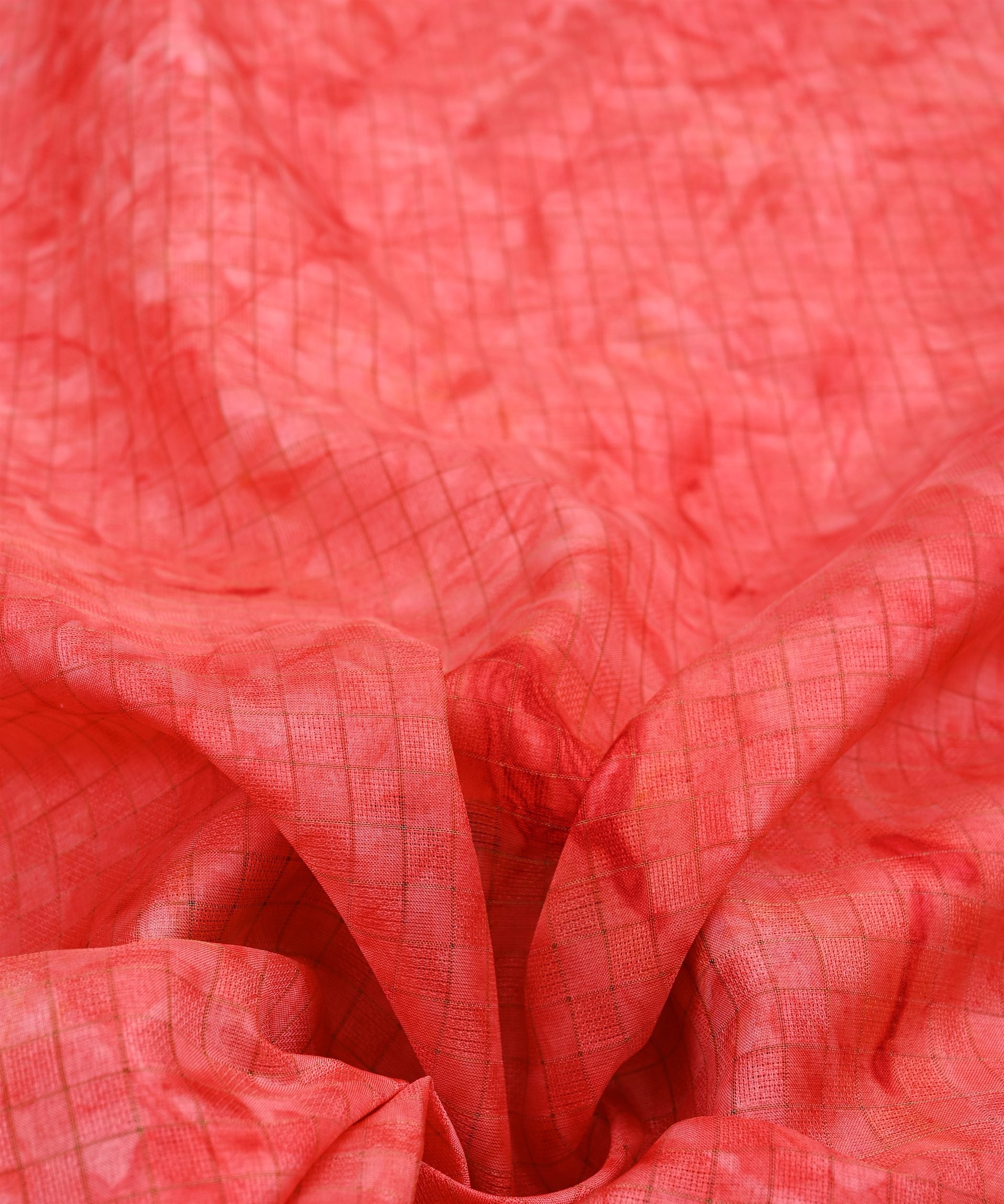 Reddish Pink Jute Fabric with Checks and Shibori Print