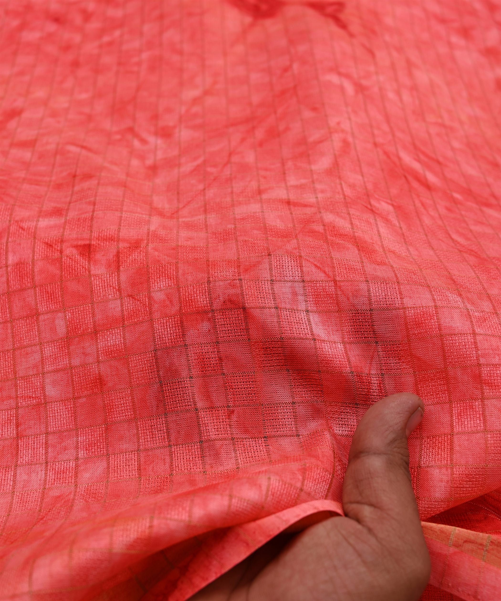 Reddish Pink Jute Fabric with Checks and Shibori Print