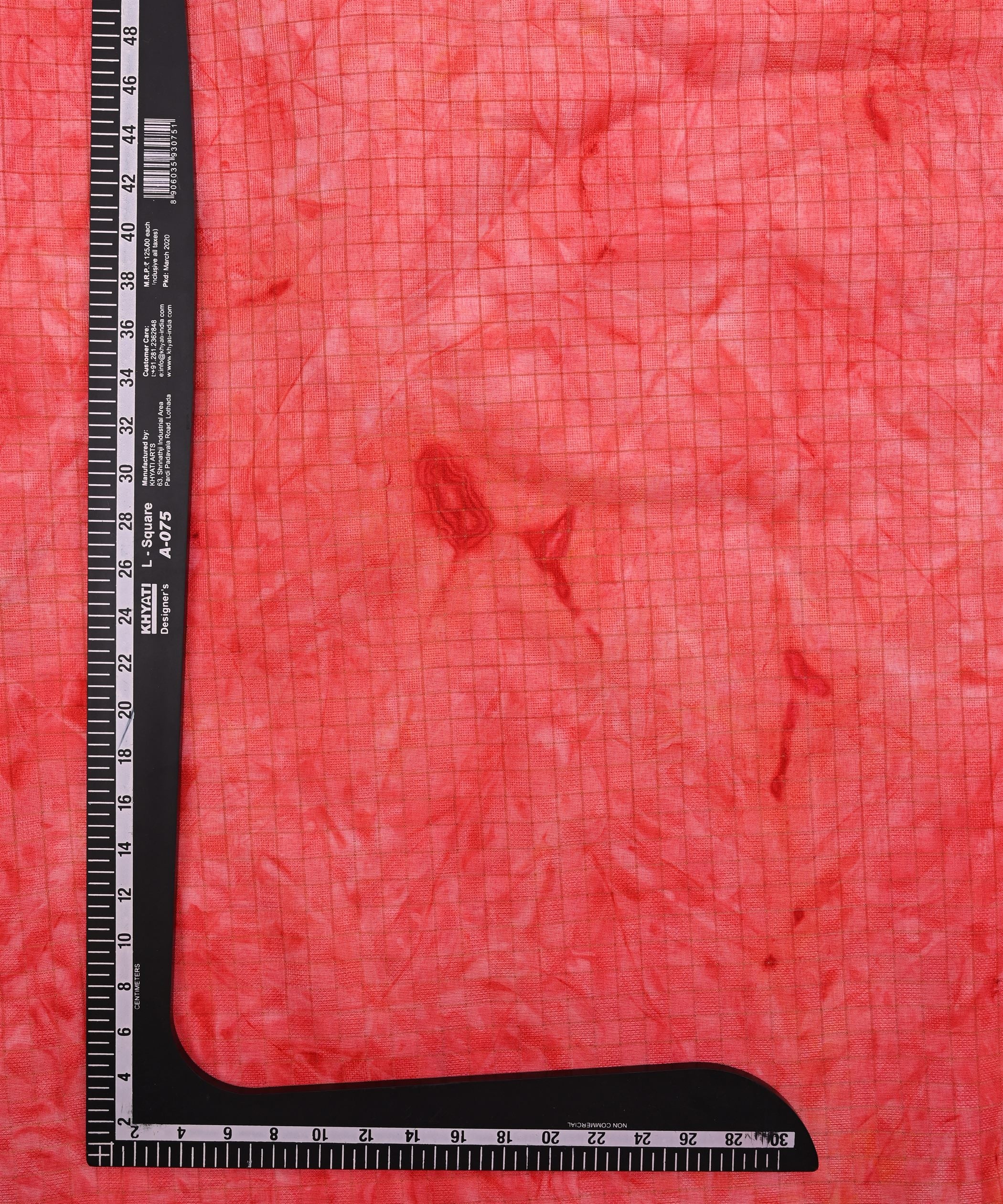 Reddish Pink Jute Fabric with Checks and Shibori Print